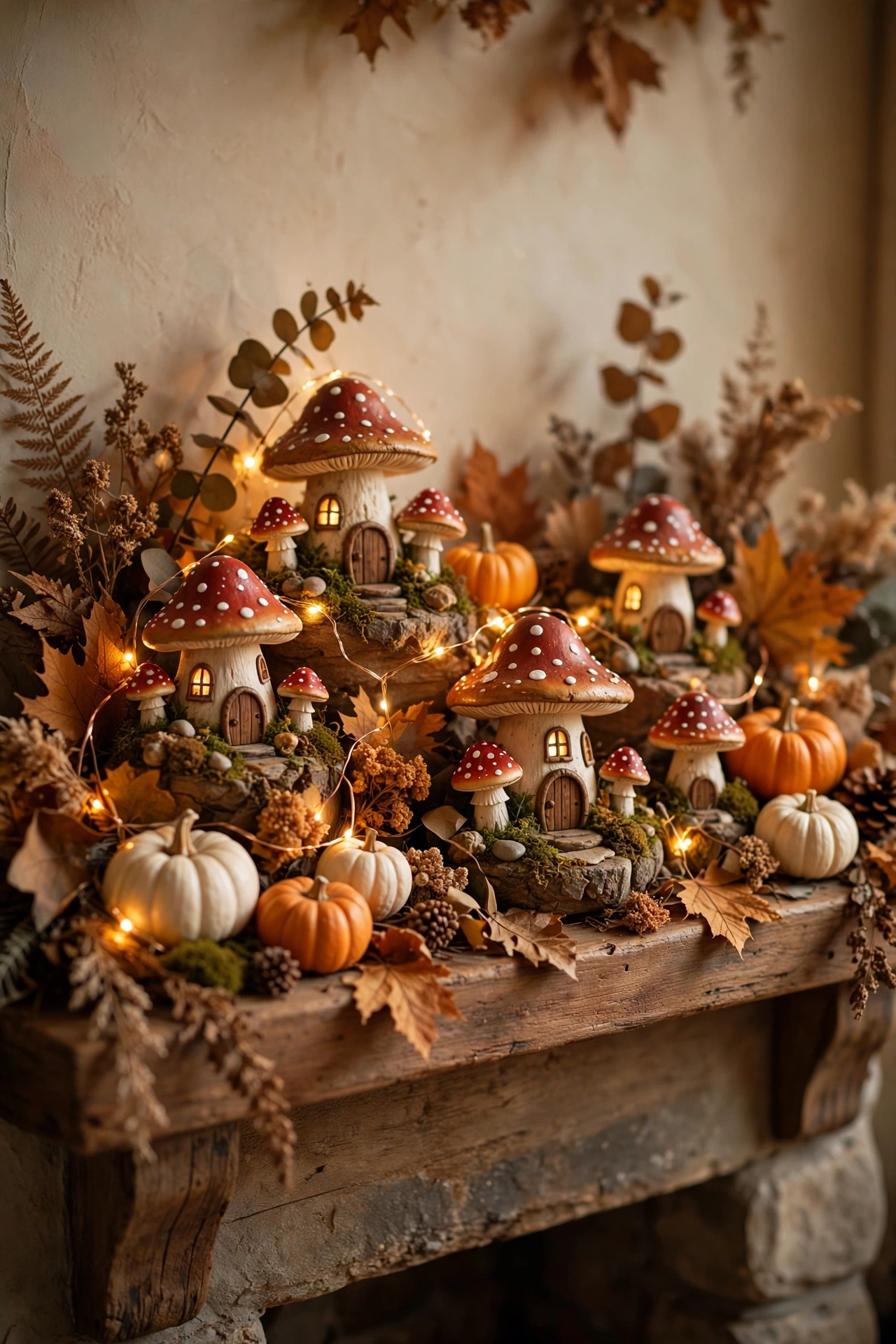 whimsical fall mantel styled with tiny mushroom houses, warm fairy lights, and colorful pumpkins