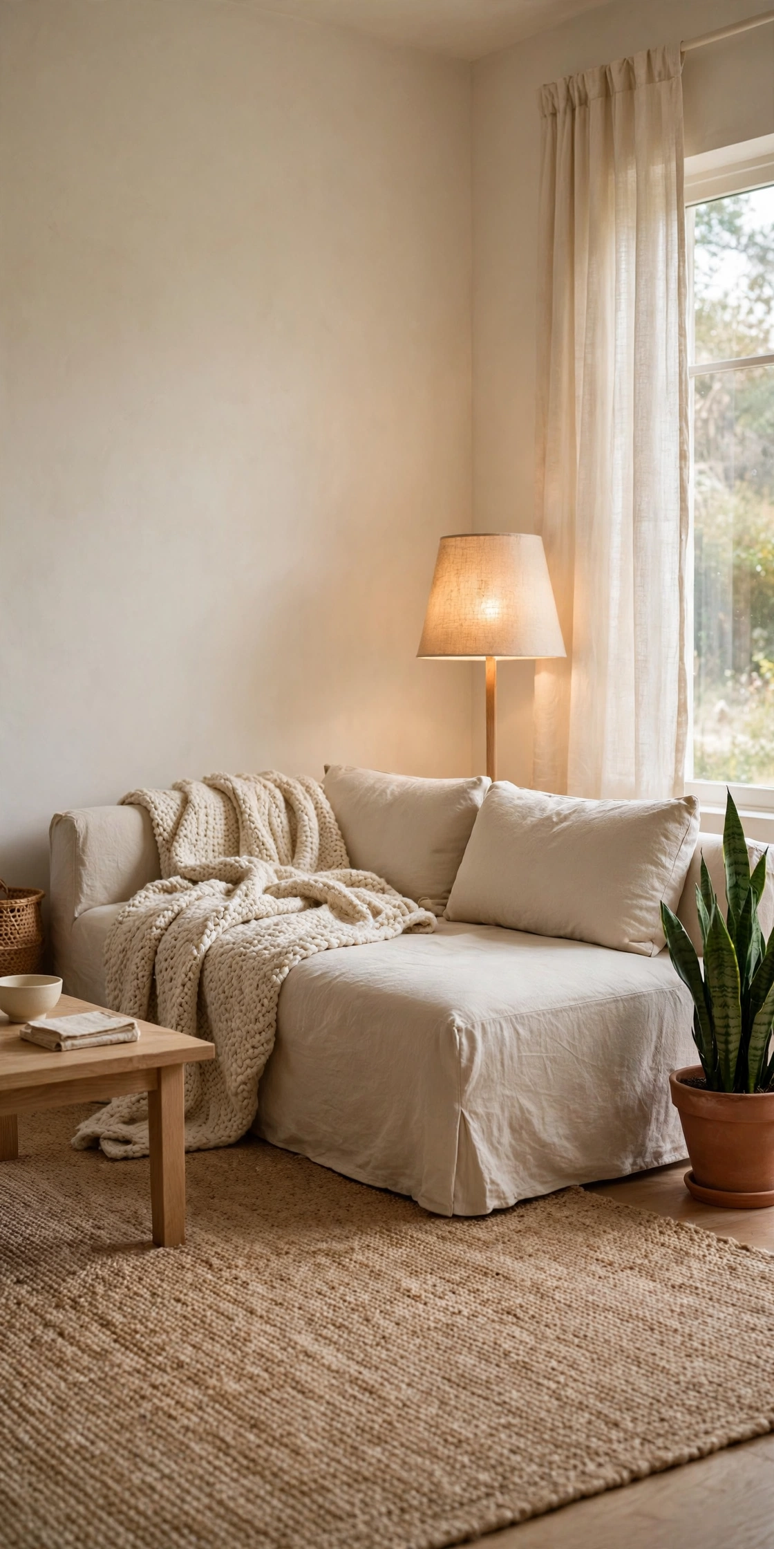 Warm minimalist living room with beige slipcovered sofa, knit throw, jute rug and glowing floor lamp