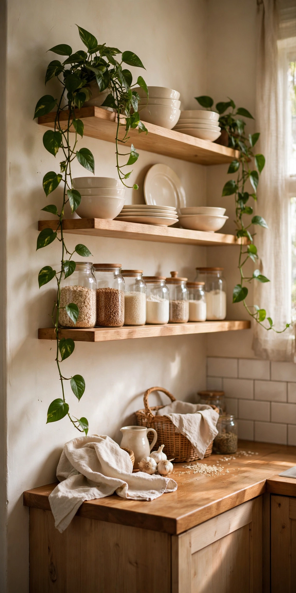 Small kitchen with styled open shelves holding cream dishes, glass jars and trailing plants
