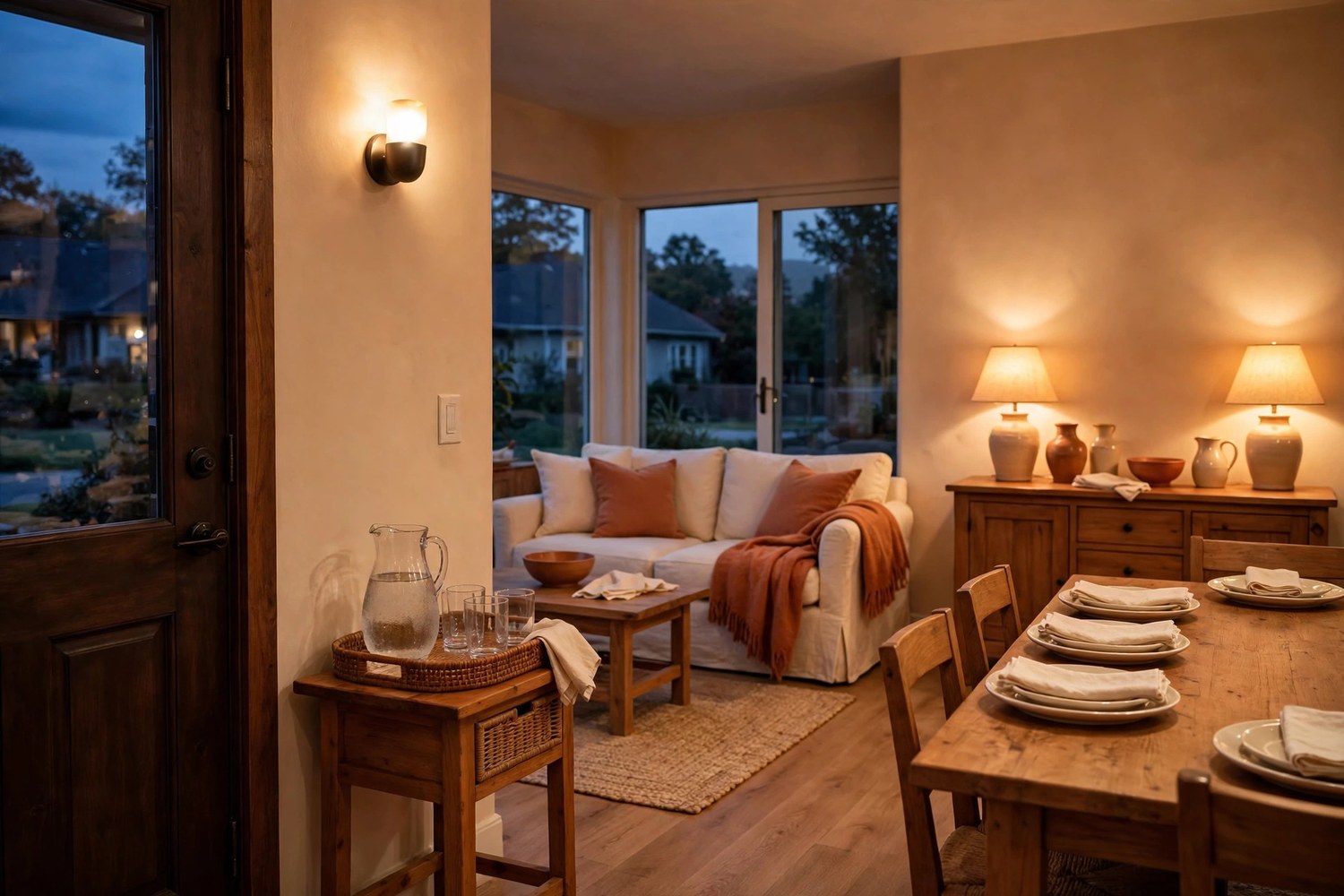 Home ready for Thanksgiving guests at dusk, with a welcome-drink tray by the door, a lamplit living room, and a set dining table