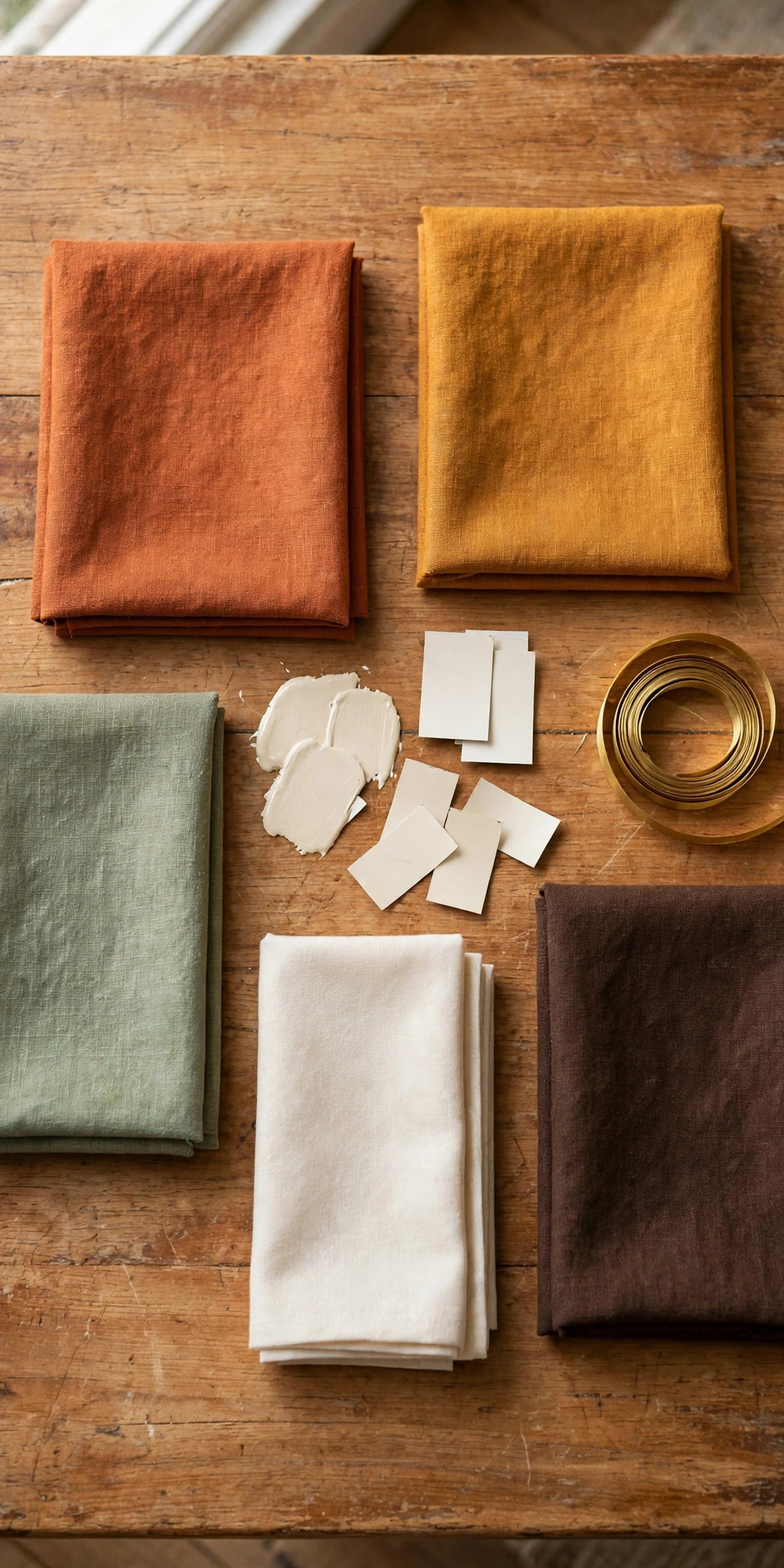 Folded linen swatches in terracotta, amber, sage, and brown with blank paint chips and a brass ribbon, laid out for palette planning