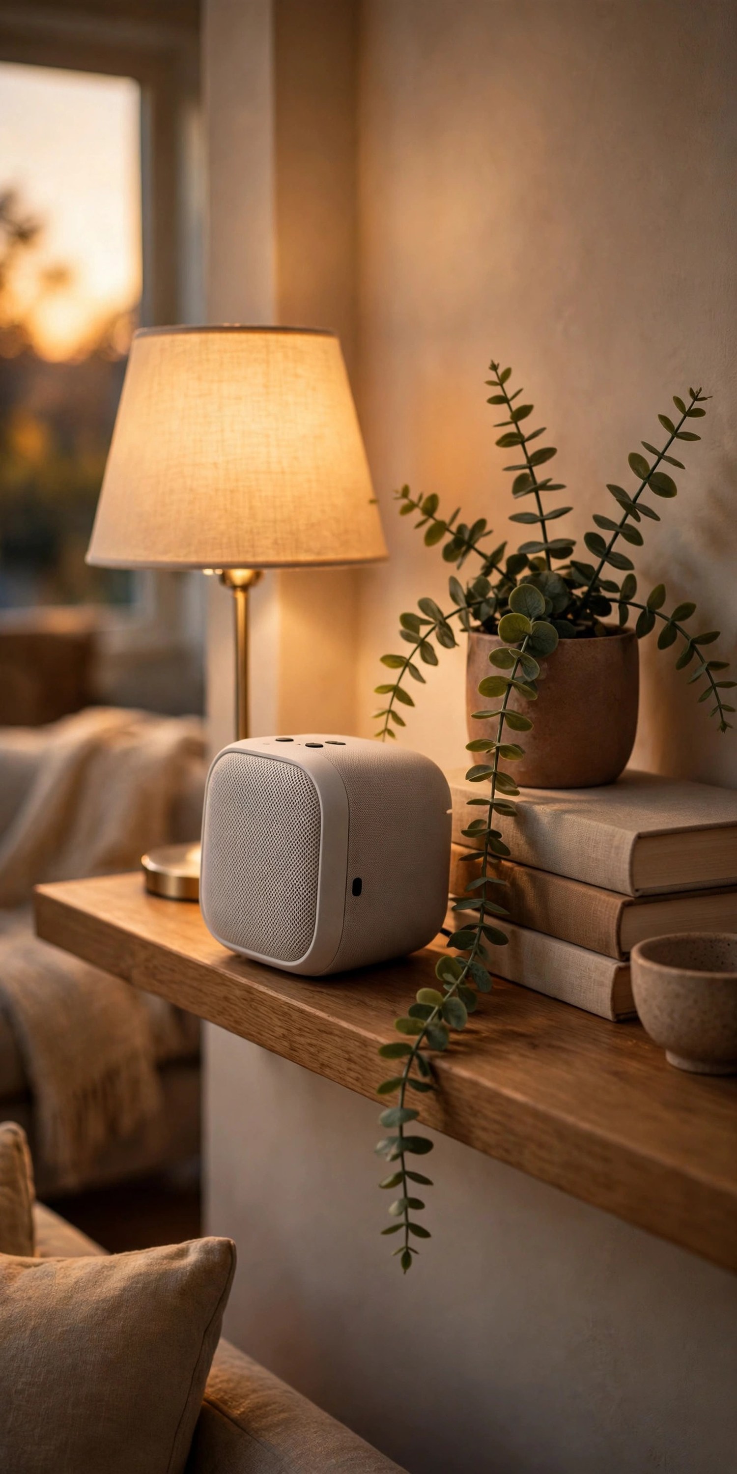 Small wireless speaker on a wooden living room shelf beside a glowing table lamp