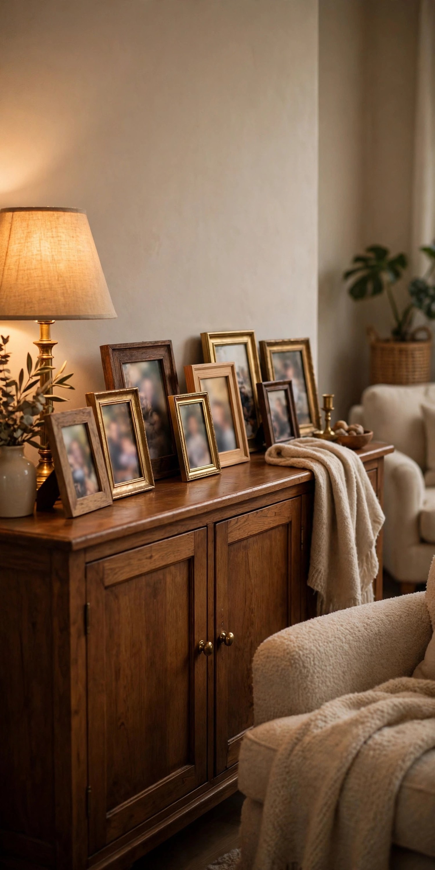 Row of framed family photographs in mixed wood and brass frames on a living room sideboard
