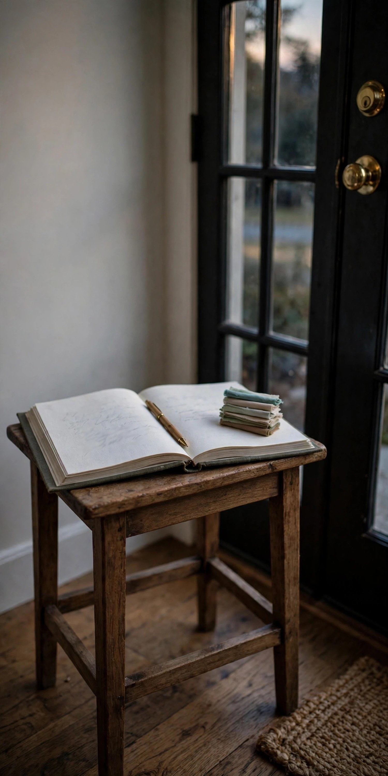Open guest book with a pen resting on the page, on a small table beside a front door
