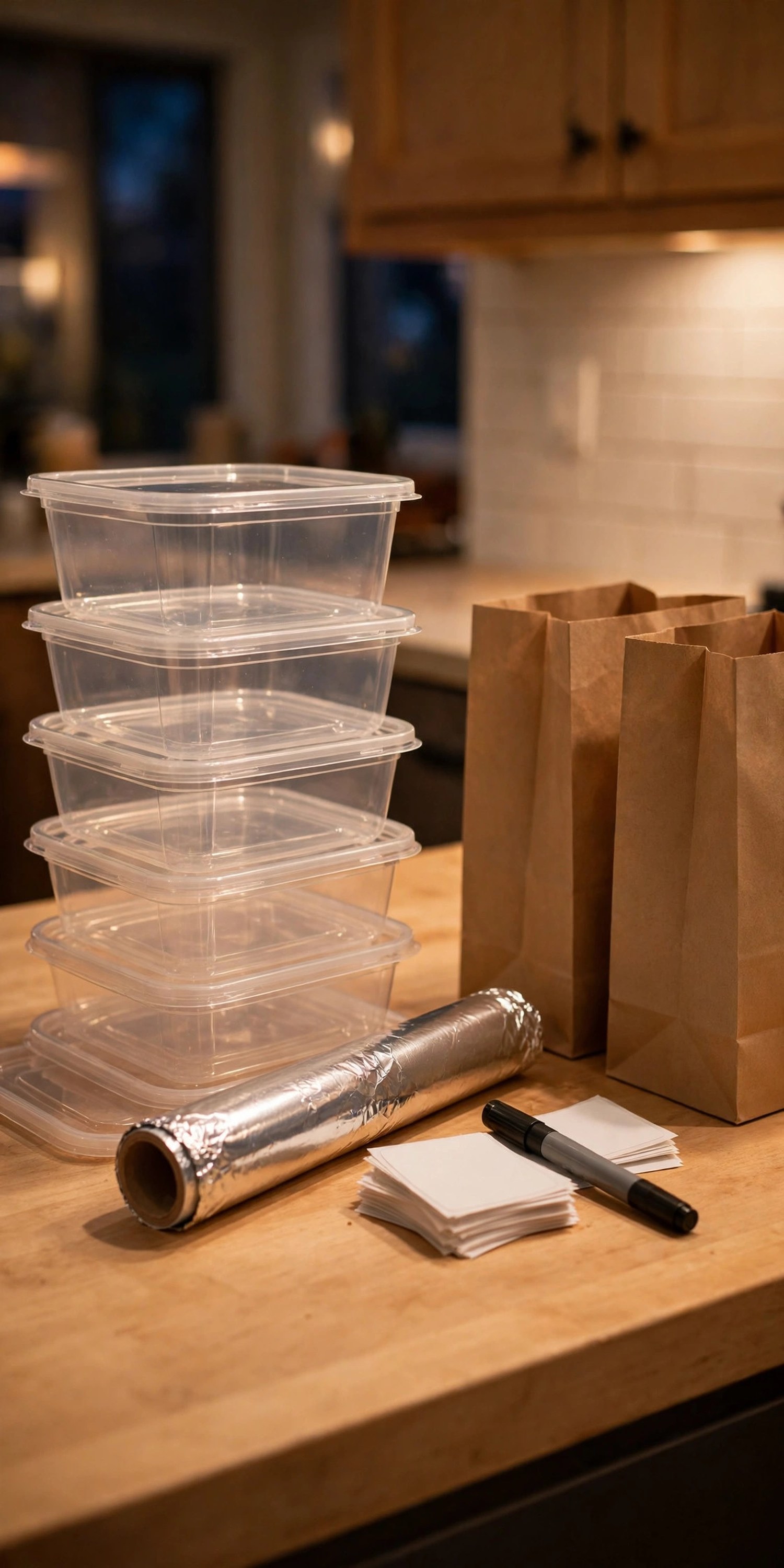 Kitchen counter with stacked food containers and lids, a roll of foil, blank labels with a marker, and open paper bags