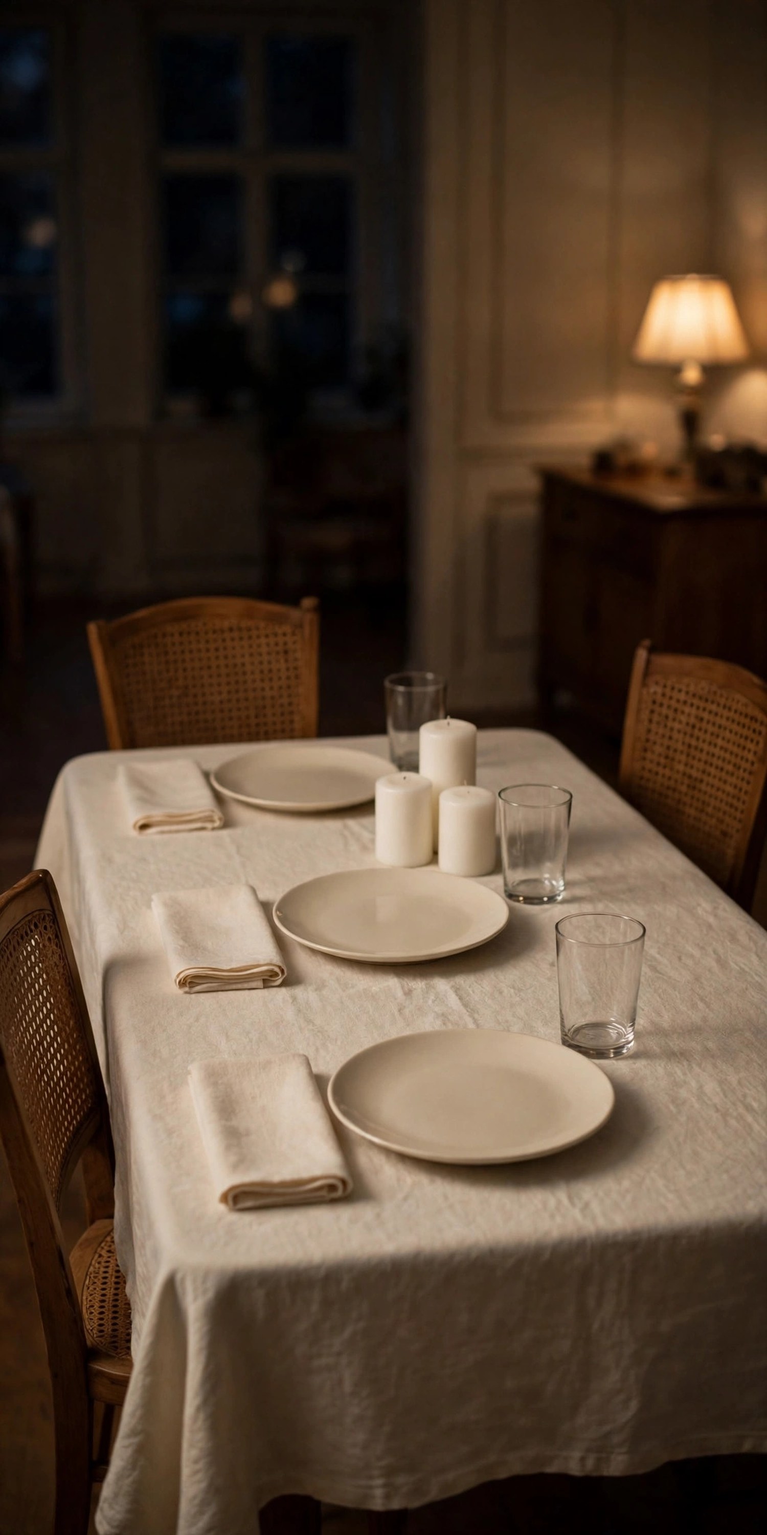 Dining table fully set the night before Thanksgiving with linen, cream plates, glasses, and unlit white pillar candles