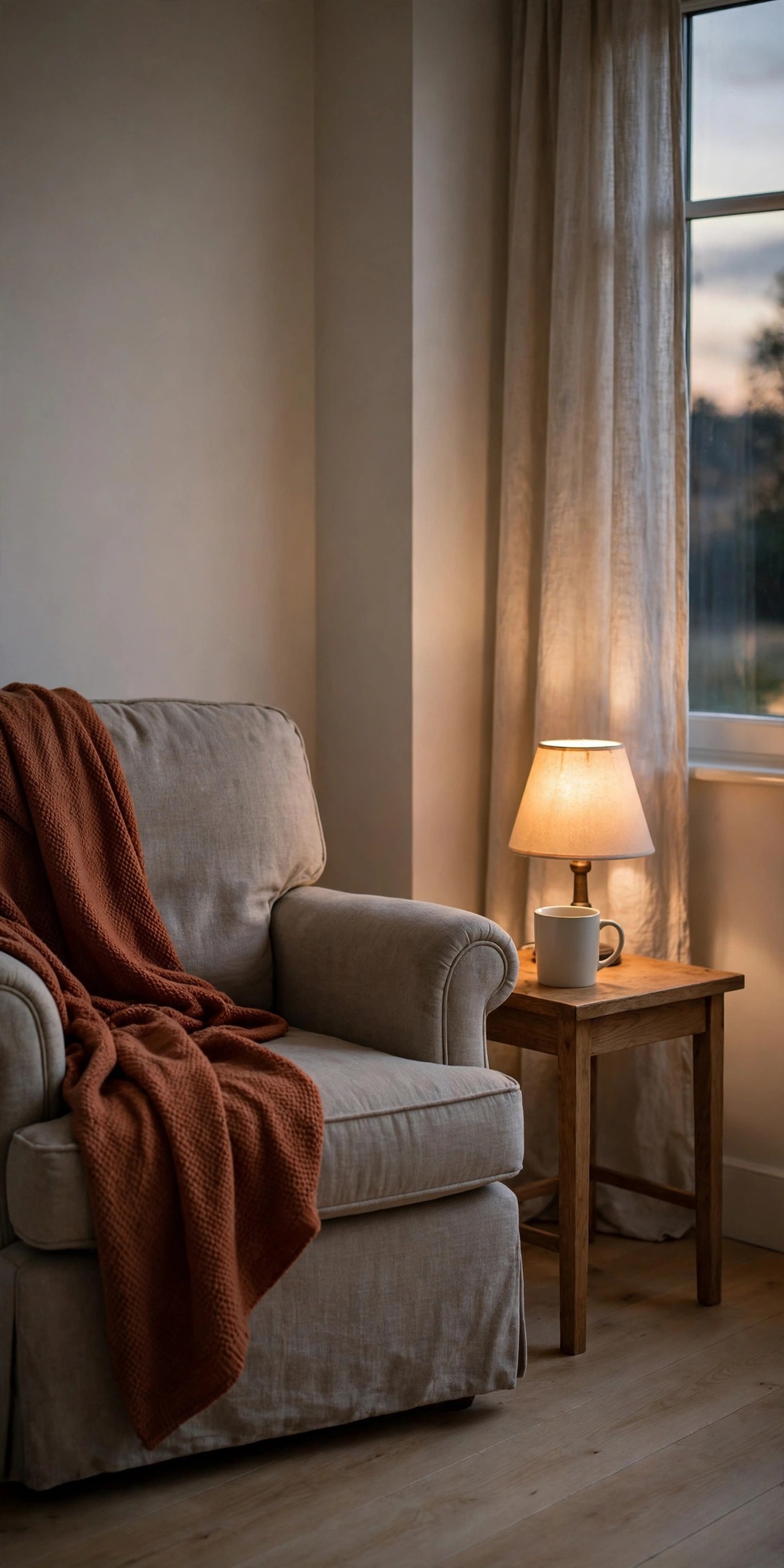 Armchair with a rust throw beside a small side table with a mug and a glowing lamp in a quiet corner