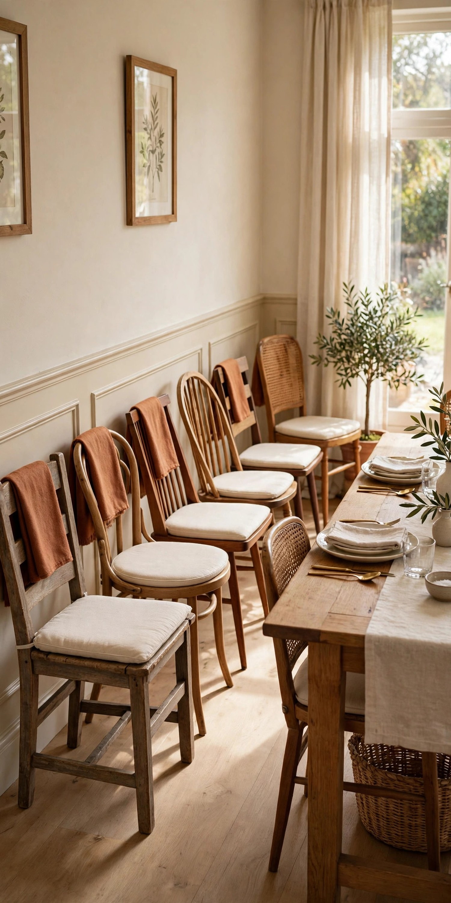 Mismatched wooden chairs lined along a dining room wall with cream cushions and rust throws over their backs