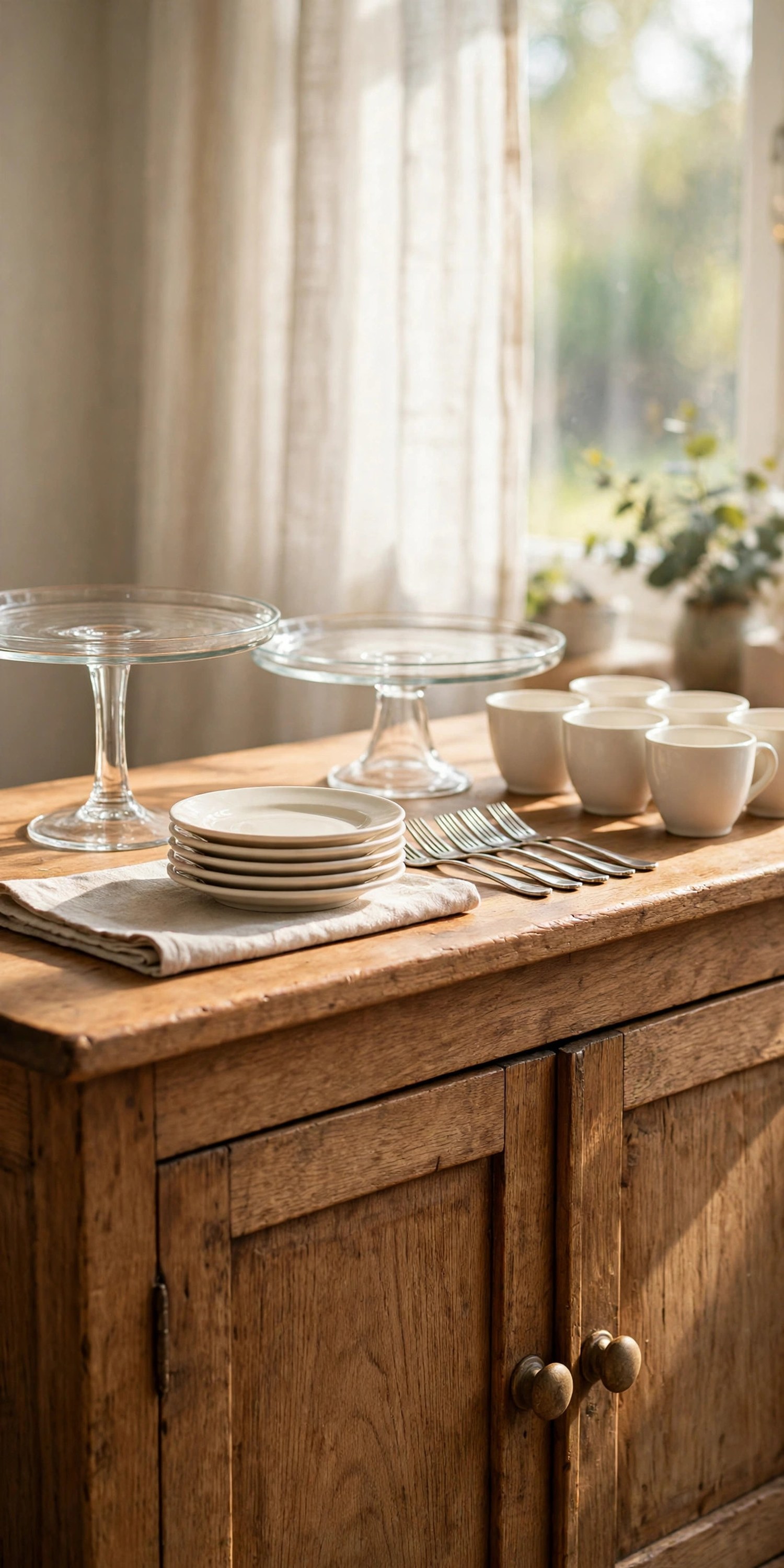 Sideboard staged with empty glass cake stands, a stack of dessert plates, forks, and coffee cups in morning light