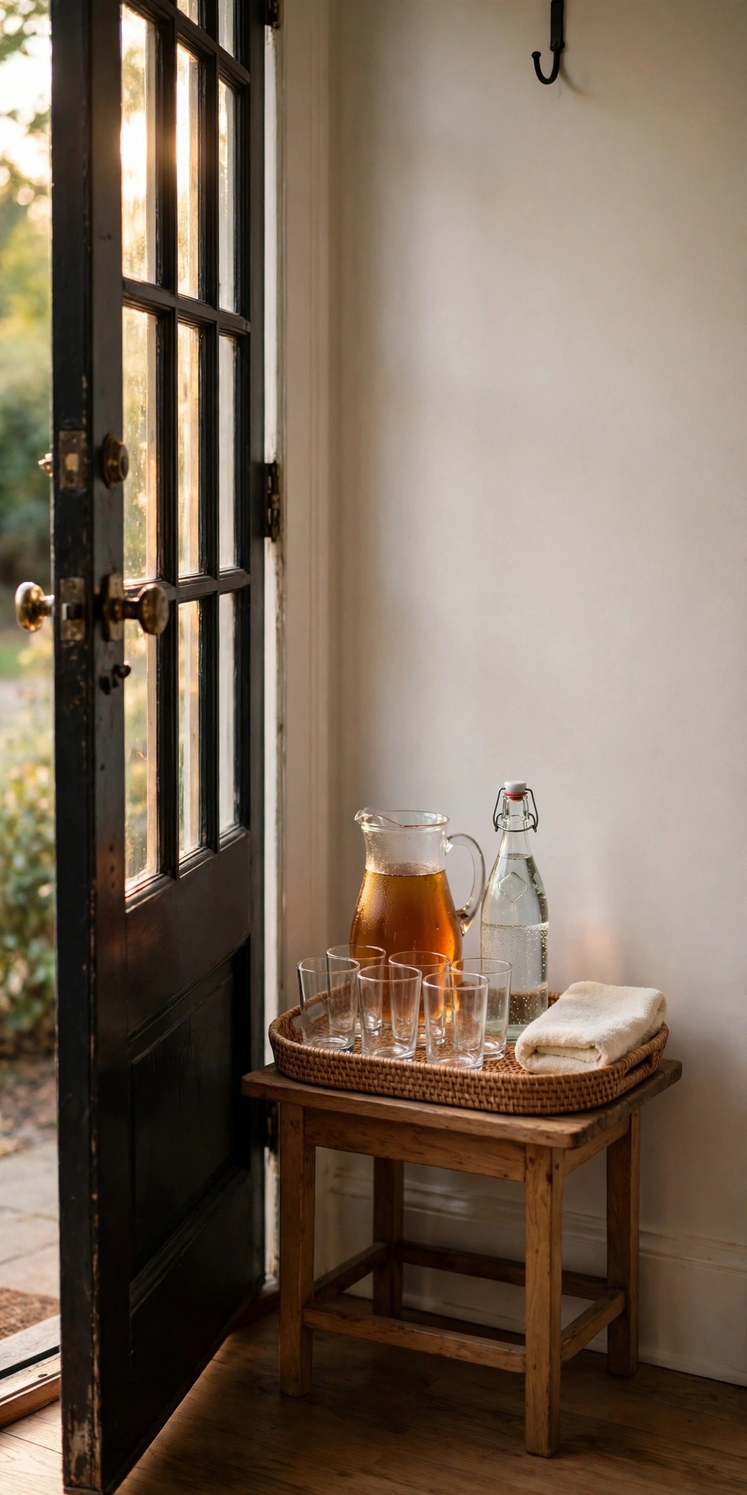 Tray with a pitcher of amber drink, a bottle of sparkling water, glasses, and a folded towel on a table inside the front door