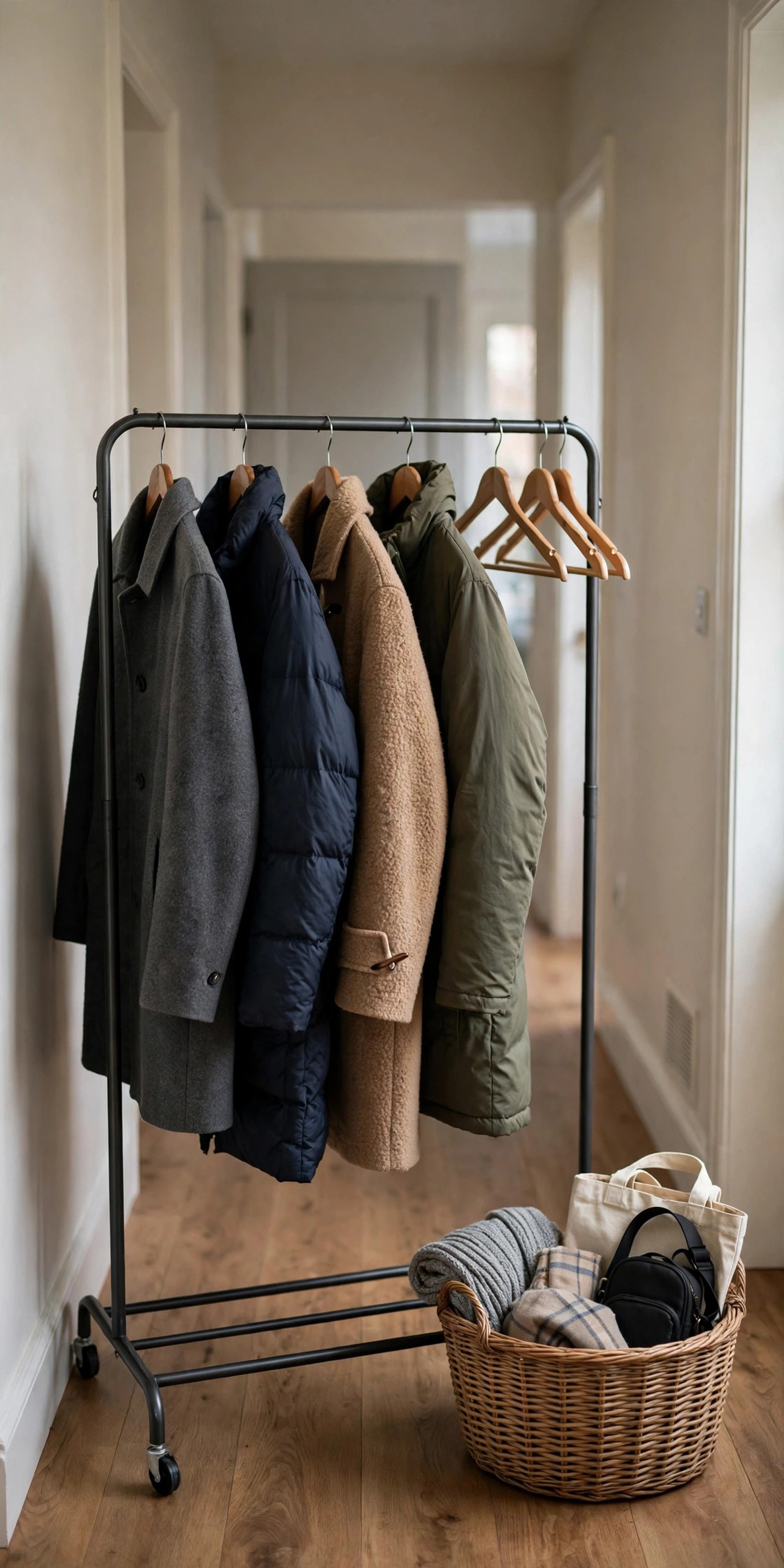 Garment rack in a hallway holding guests' coats on wooden hangers, with a basket of bags and scarves beside it