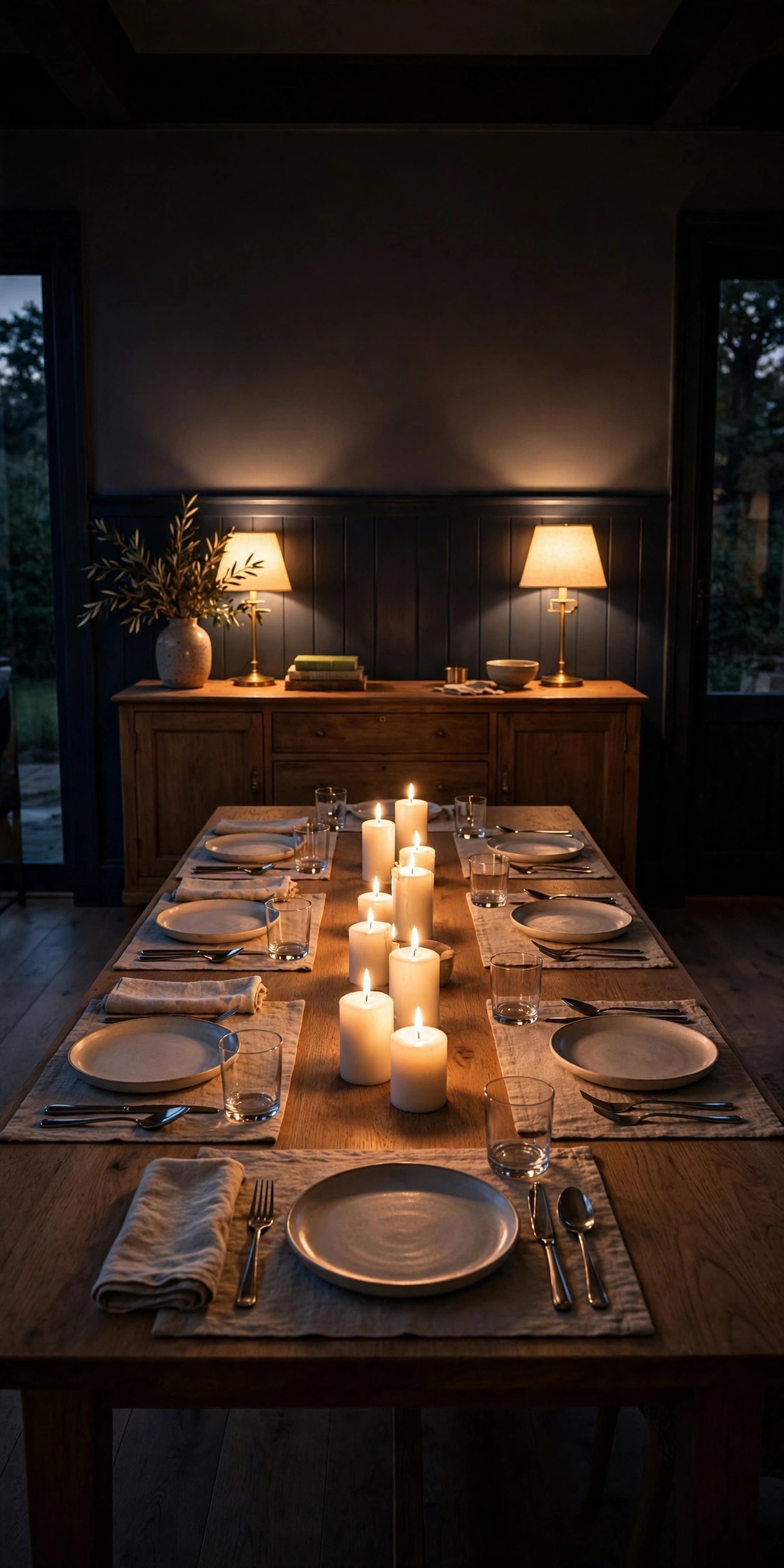 Set dining table with lit white pillar candles and lamps glowing on the sideboard in a dim dining room