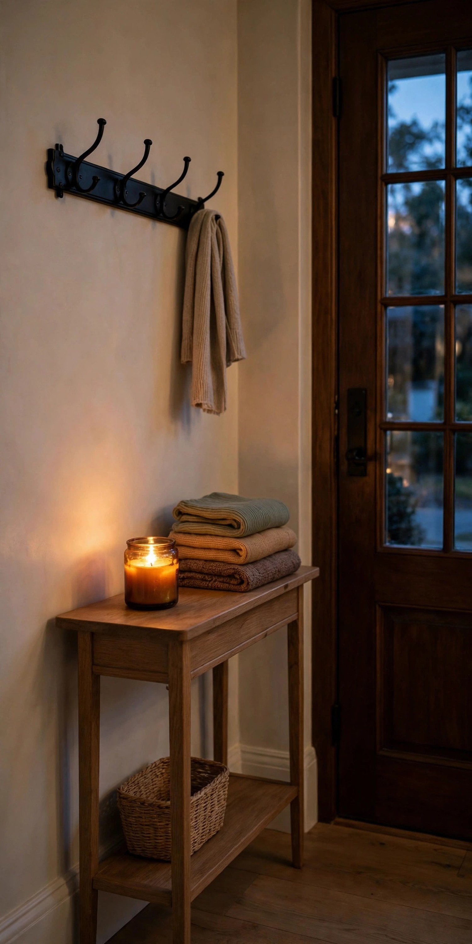Single lit candle in an amber glass jar on an entryway console beside a front door with coat hooks above