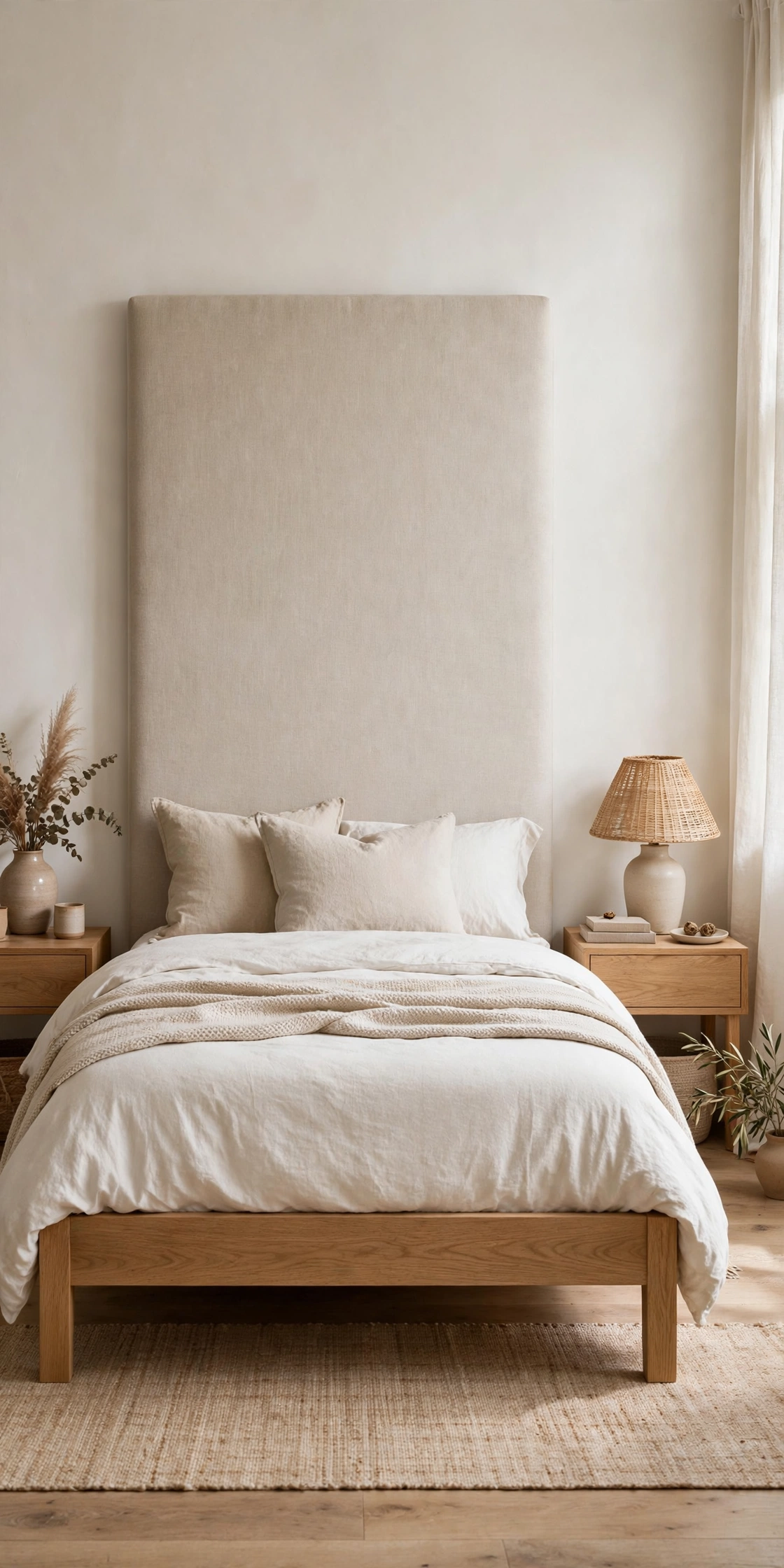 Queen bed with oak frame and oatmeal upholstered headboard against a wall