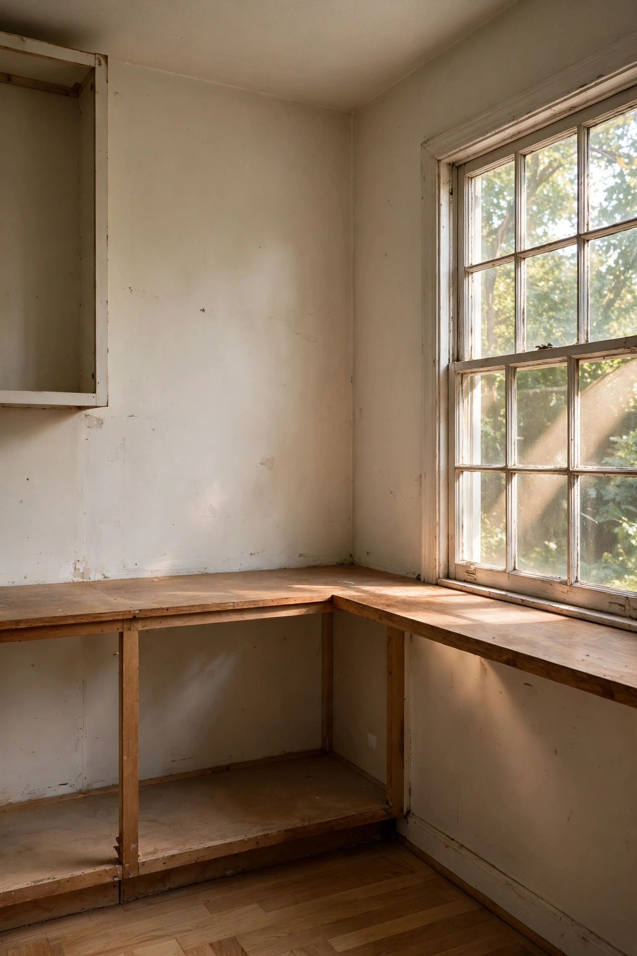 Empty kitchen corner by a window with natural light, before the makeover