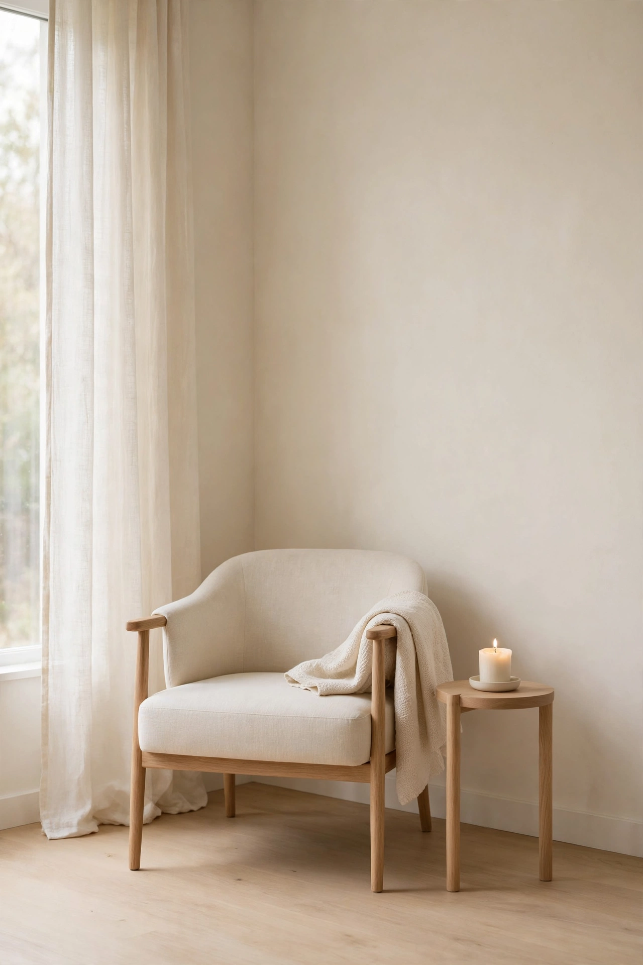 Decluttered minimalist living room corner with clear surfaces and calm neutral tones