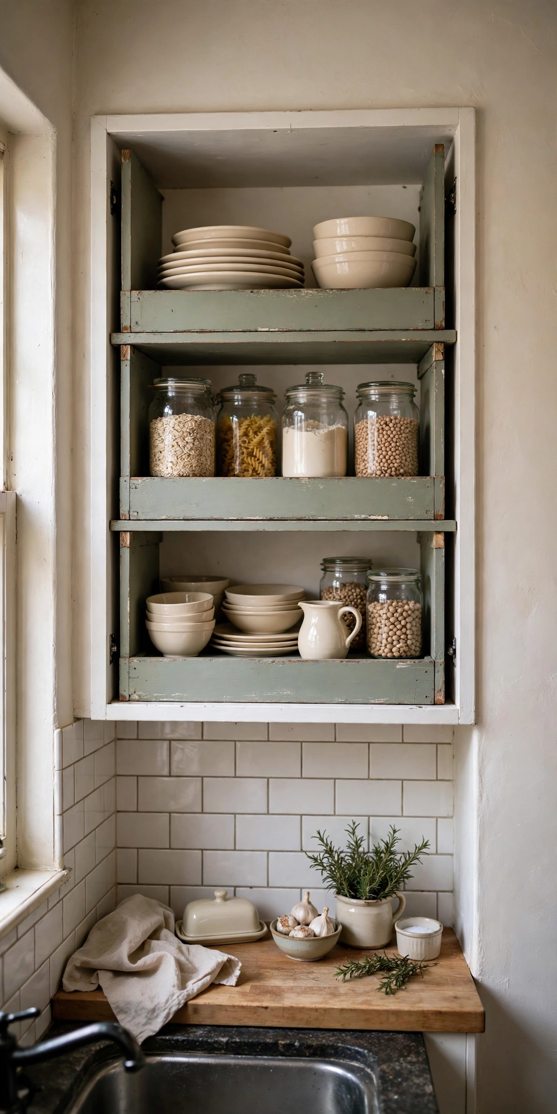 Kitchen wall cabinet with doors removed, painted boxes used as open shelves with dishes