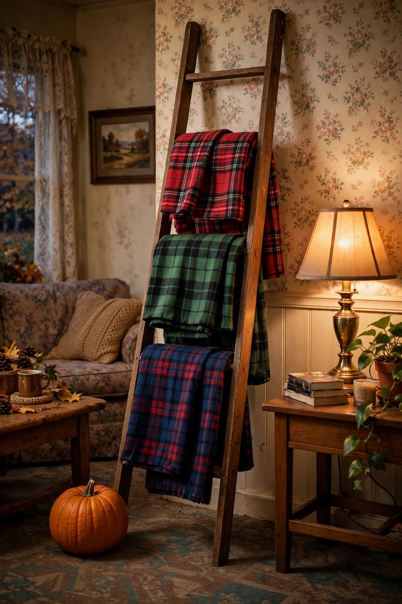 Wooden ladder draped with red, green and navy plaid flannel blankets in a 90s-style living room