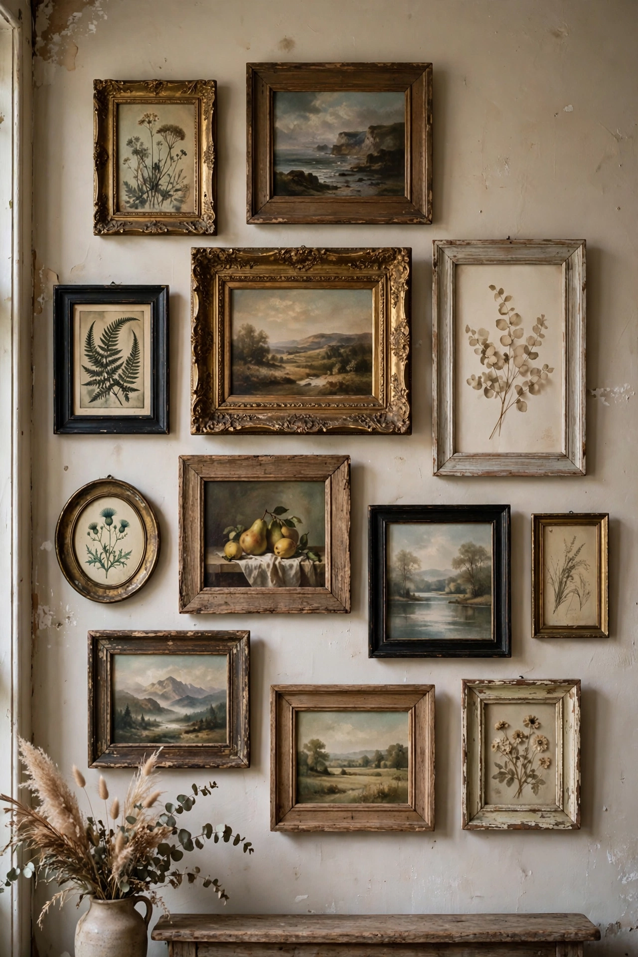 Vintage-style gallery wall of mixed thrifted picture frames