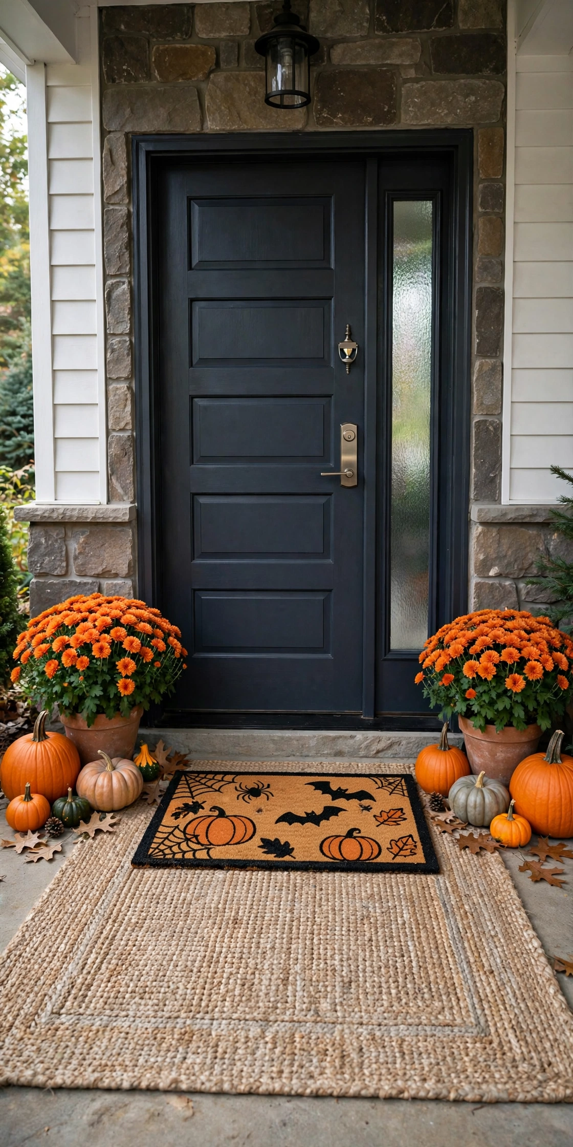 Front door with layered doormats, pumpkins, and mums on each side