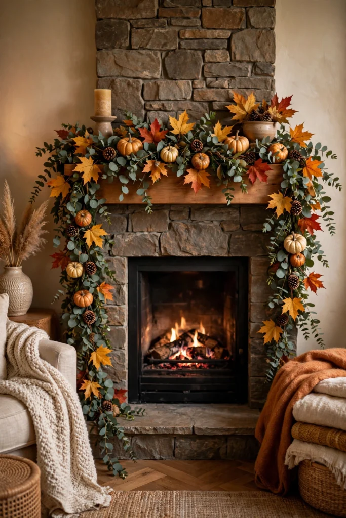 fireplace mantel with layered fall garland, mini pumpkins and pinecones tucked into eucalyptus