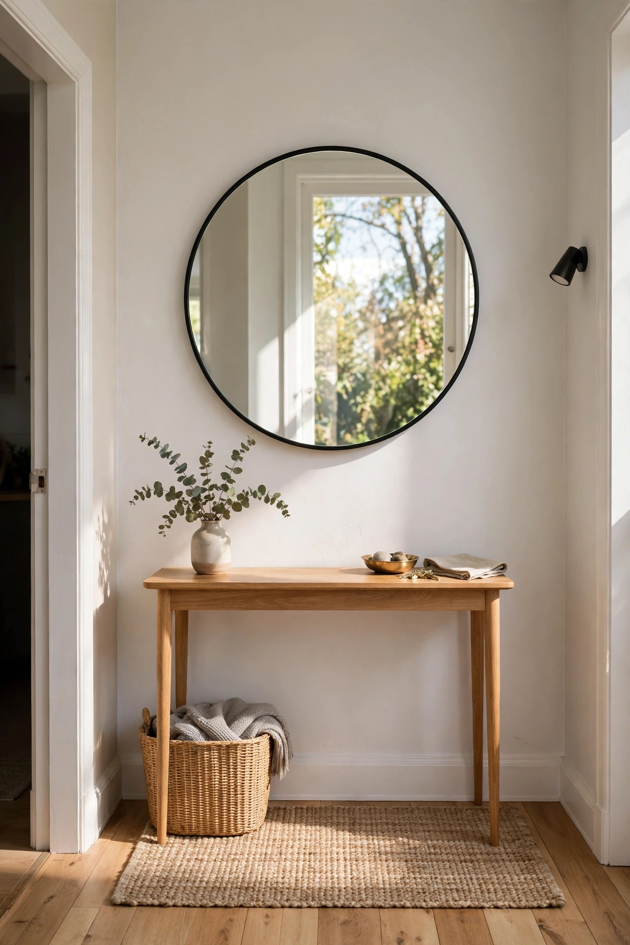 Round mirror hung above a slim console table in a small entryway