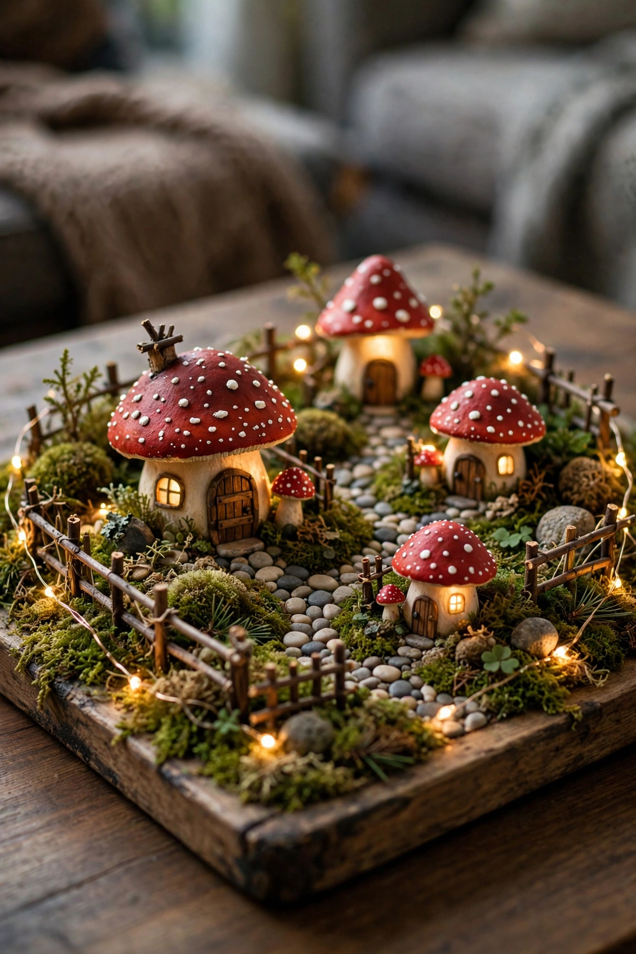 tiny mushroom house village on a mossy wooden tray with fairy lights and pebble paths