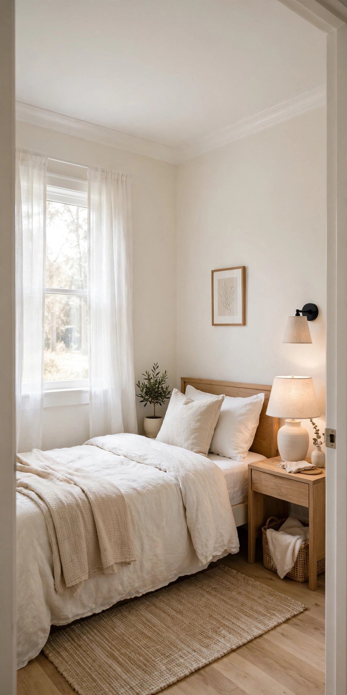 Small bedroom with soft warm white walls and a bright white ceiling, airy feel