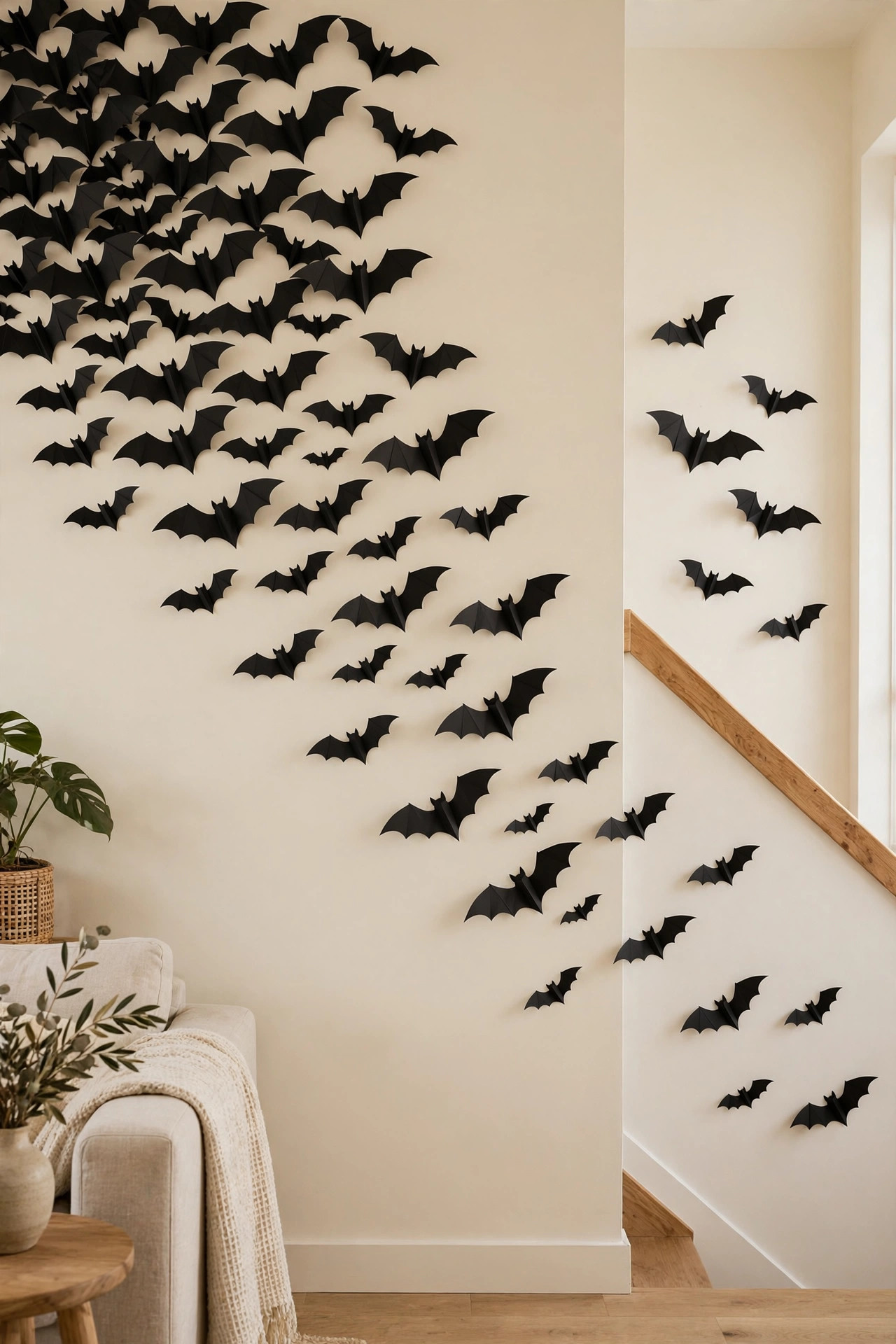 Black paper bats arranged in a flying swarm pattern across a living room wall