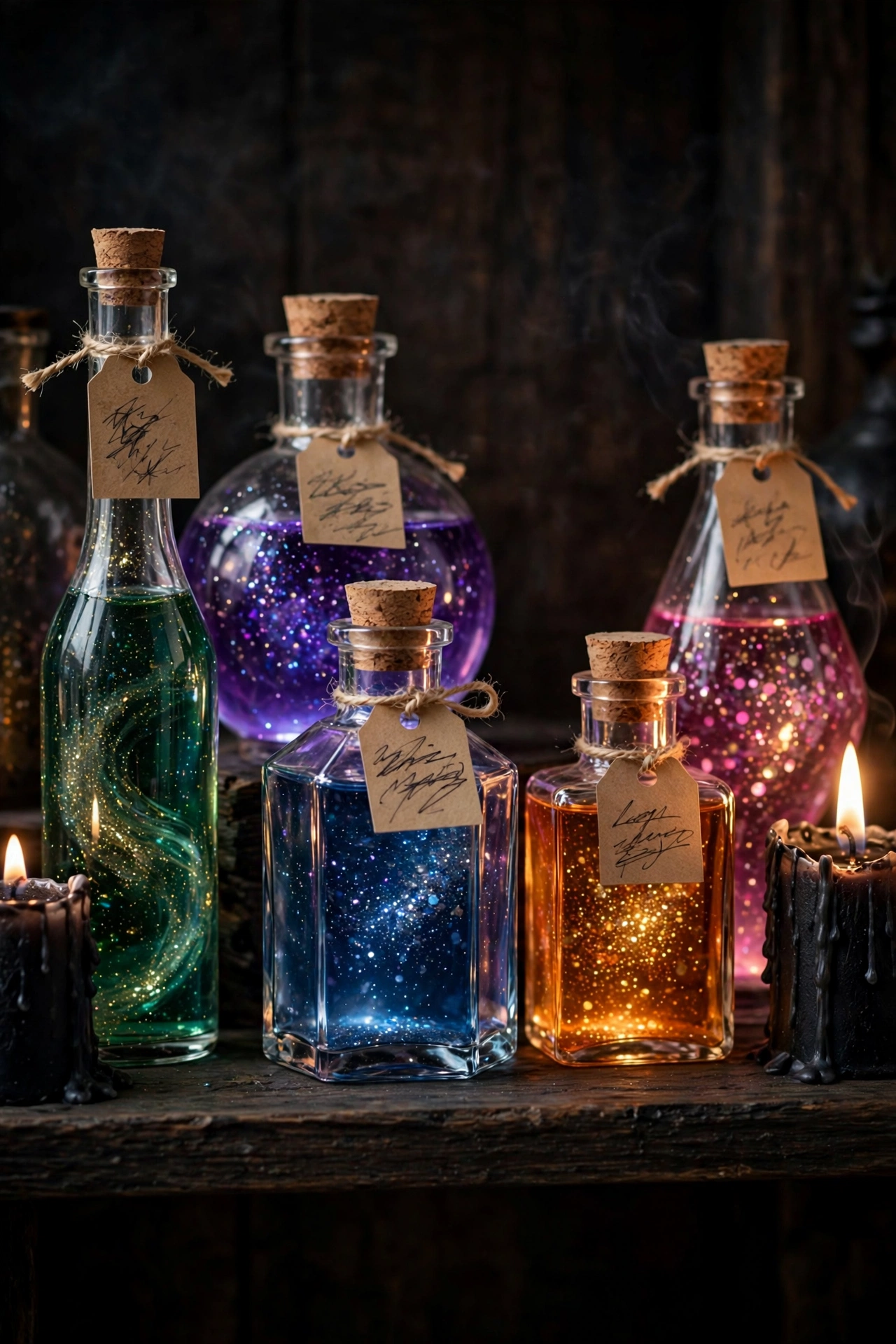 Glass apothecary potion bottles with handwritten labels glowing on a dark wooden shelf