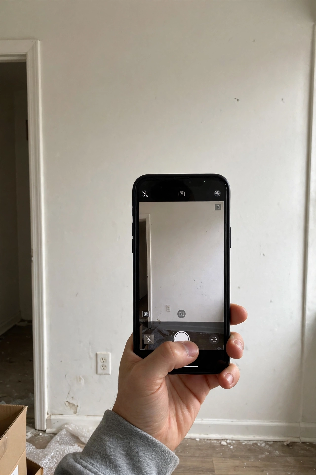 Phone photographing a bare rental wall on move-in day for documentation
