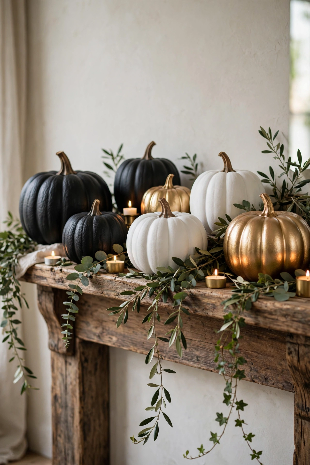 Plastic pumpkins spray-painted matte black, white, and gold styled on a wooden mantel with greenery