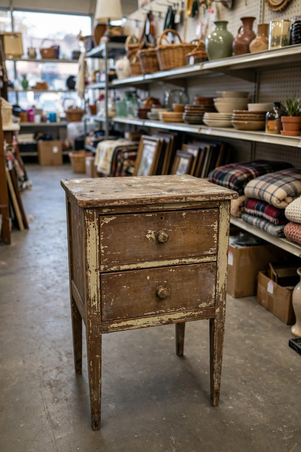 Small wood console table at a thrift store, sturdy vintage find