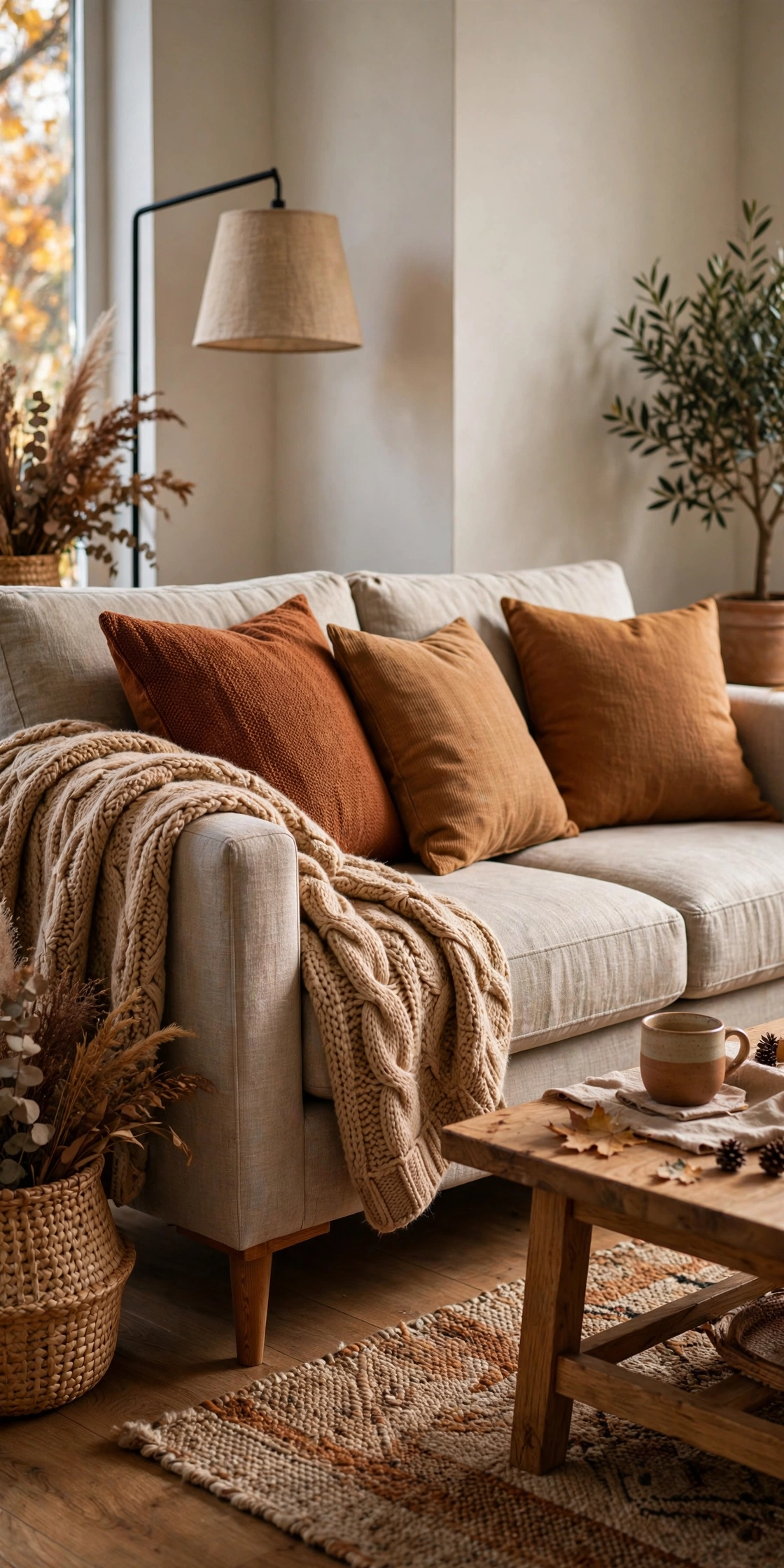 Sofa with rust and caramel pillow covers and a chunky knit throw for fall