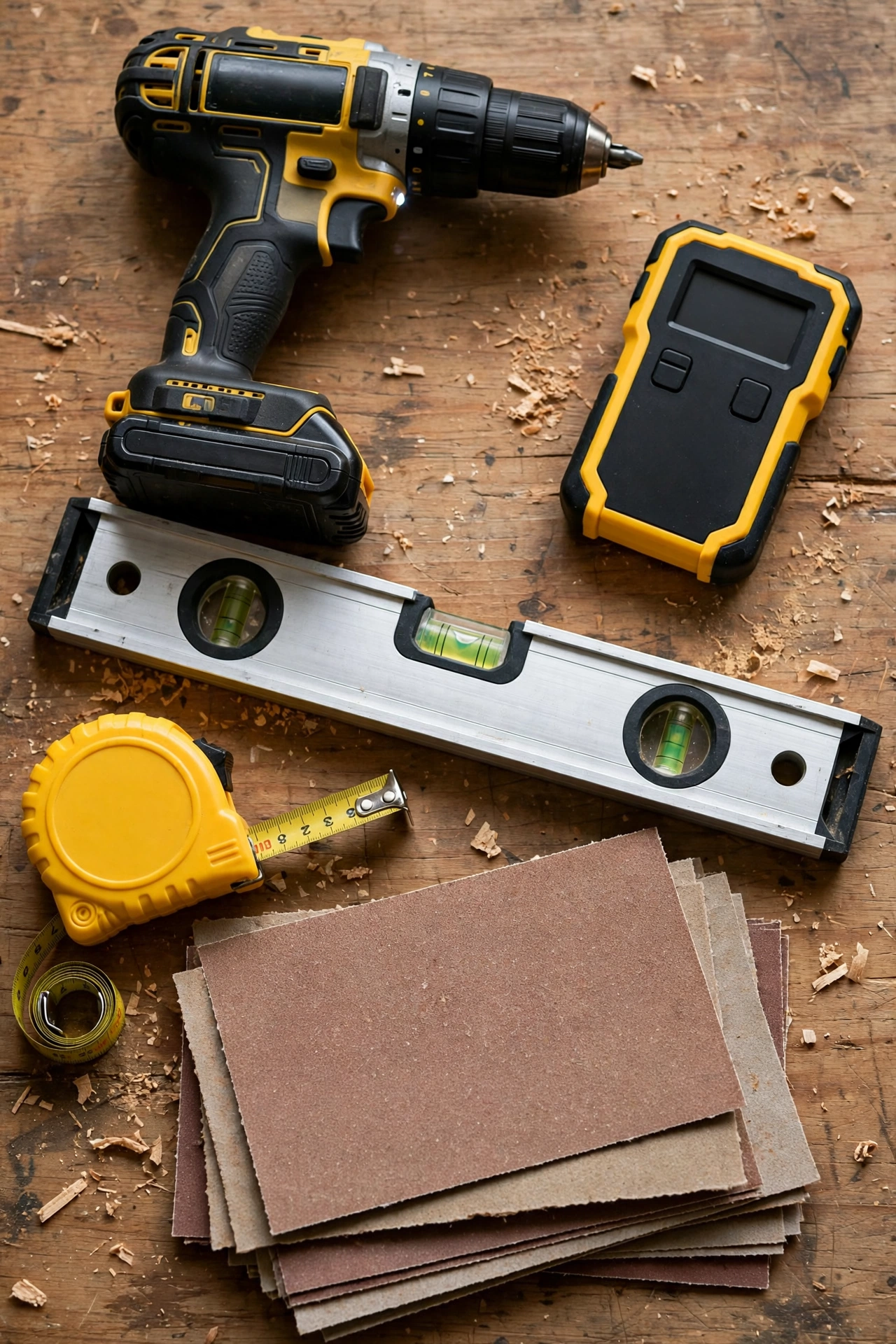 Drill, stud finder, level, tape measure and sandpaper laid out as DIY shelf tools