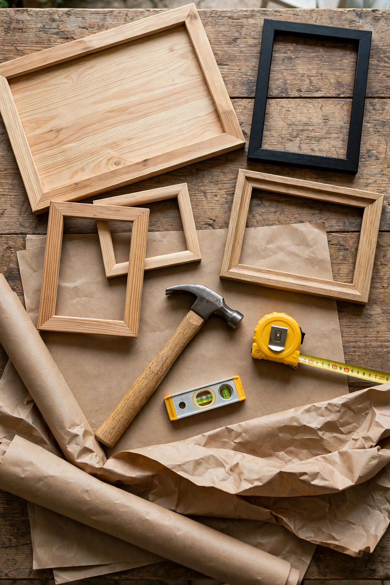Picture frames, hammer, tape measure, level and kraft paper laid out as gallery wall tools