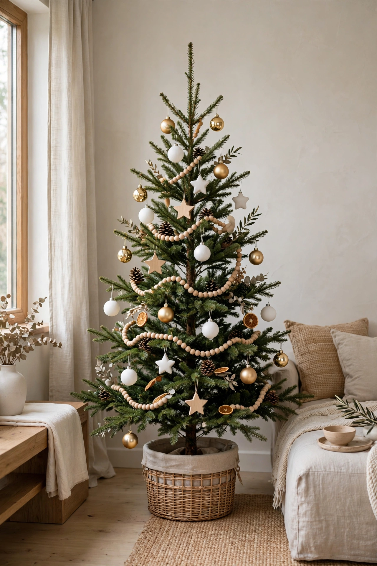 Restrained Christmas tree with warm gold, matte white and natural wood ornaments