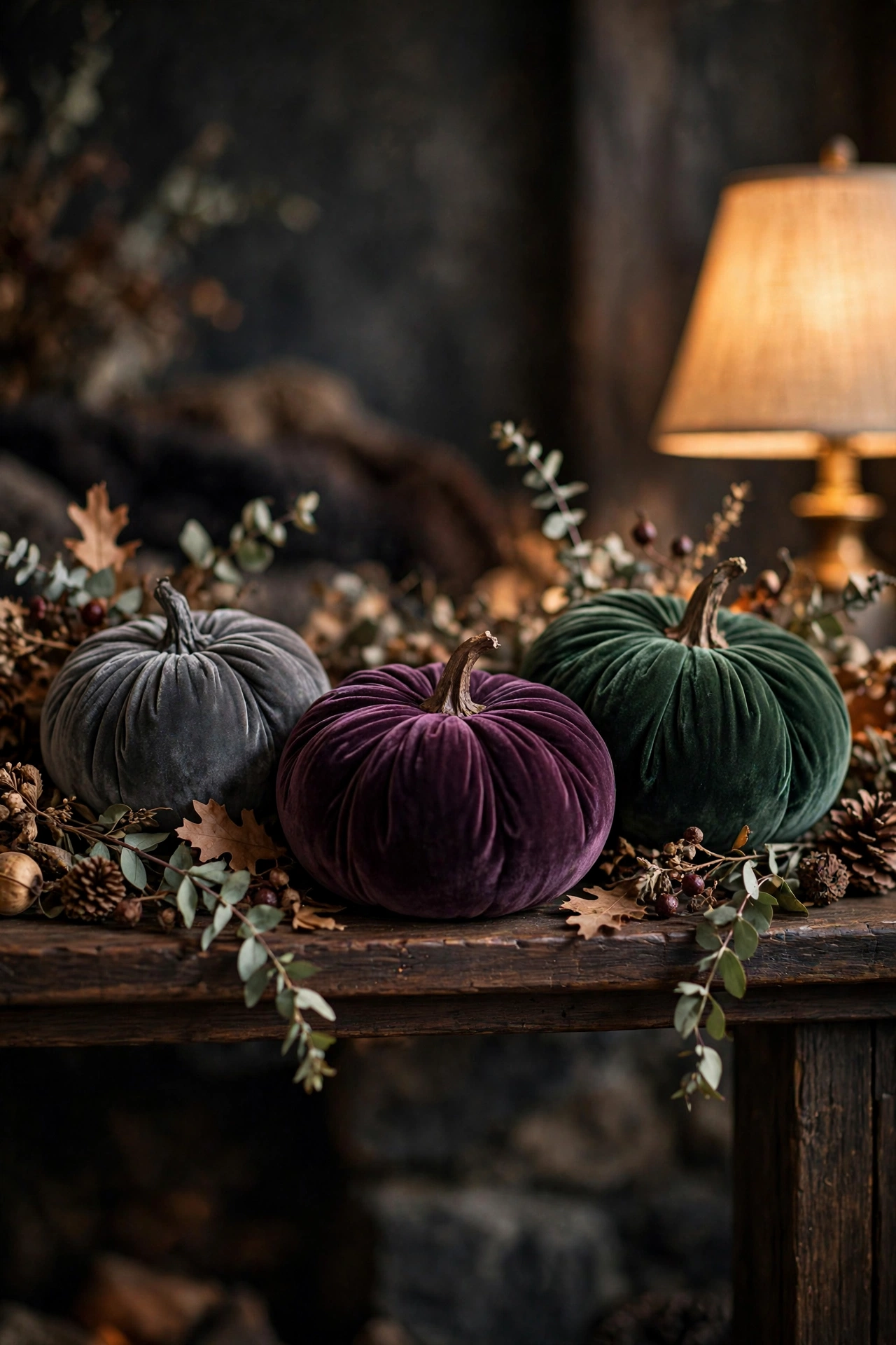 Plush velvet pumpkins in charcoal, plum, and forest green arranged on a fireplace mantel