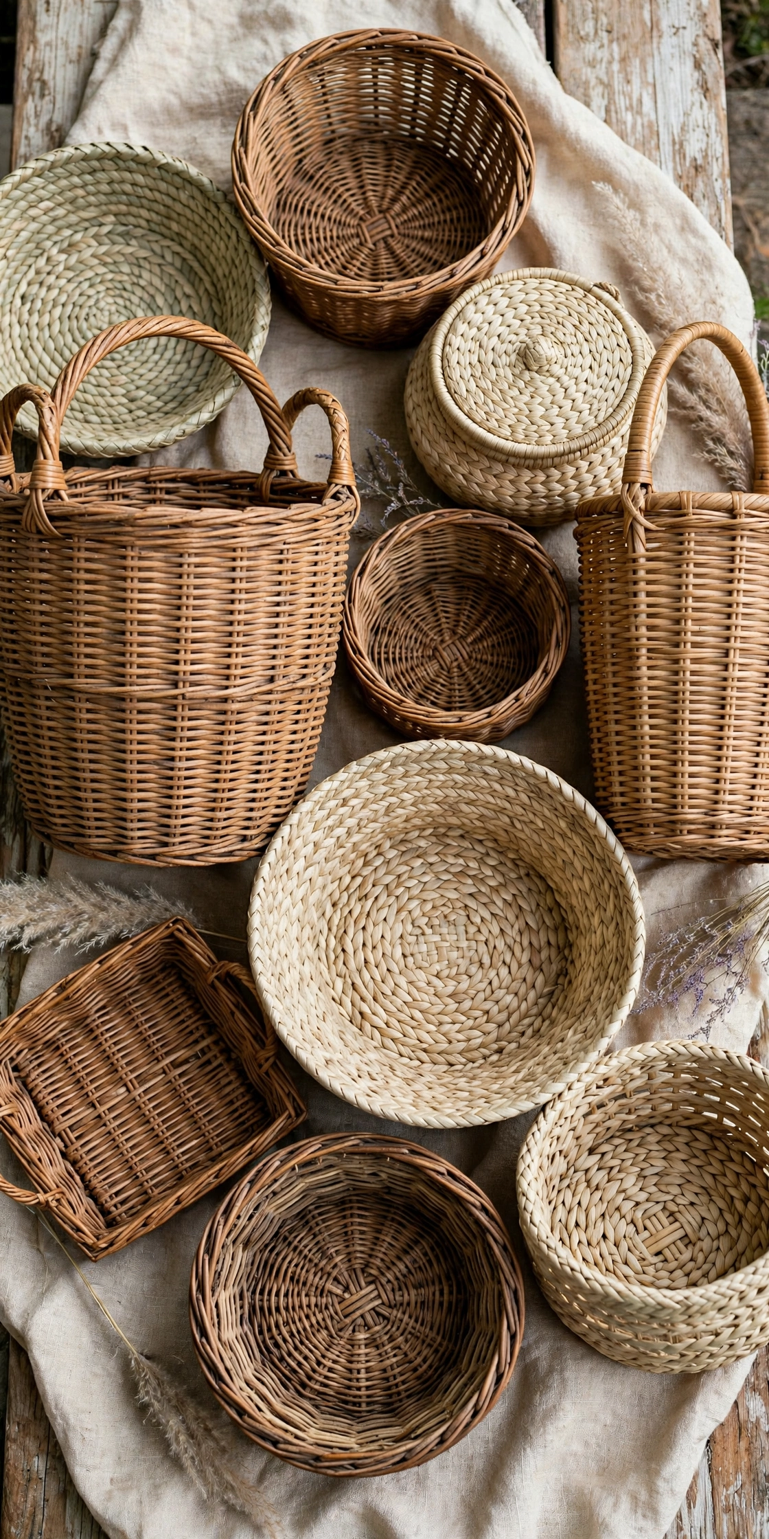 Collection of woven thrifted baskets in different sizes and weaves