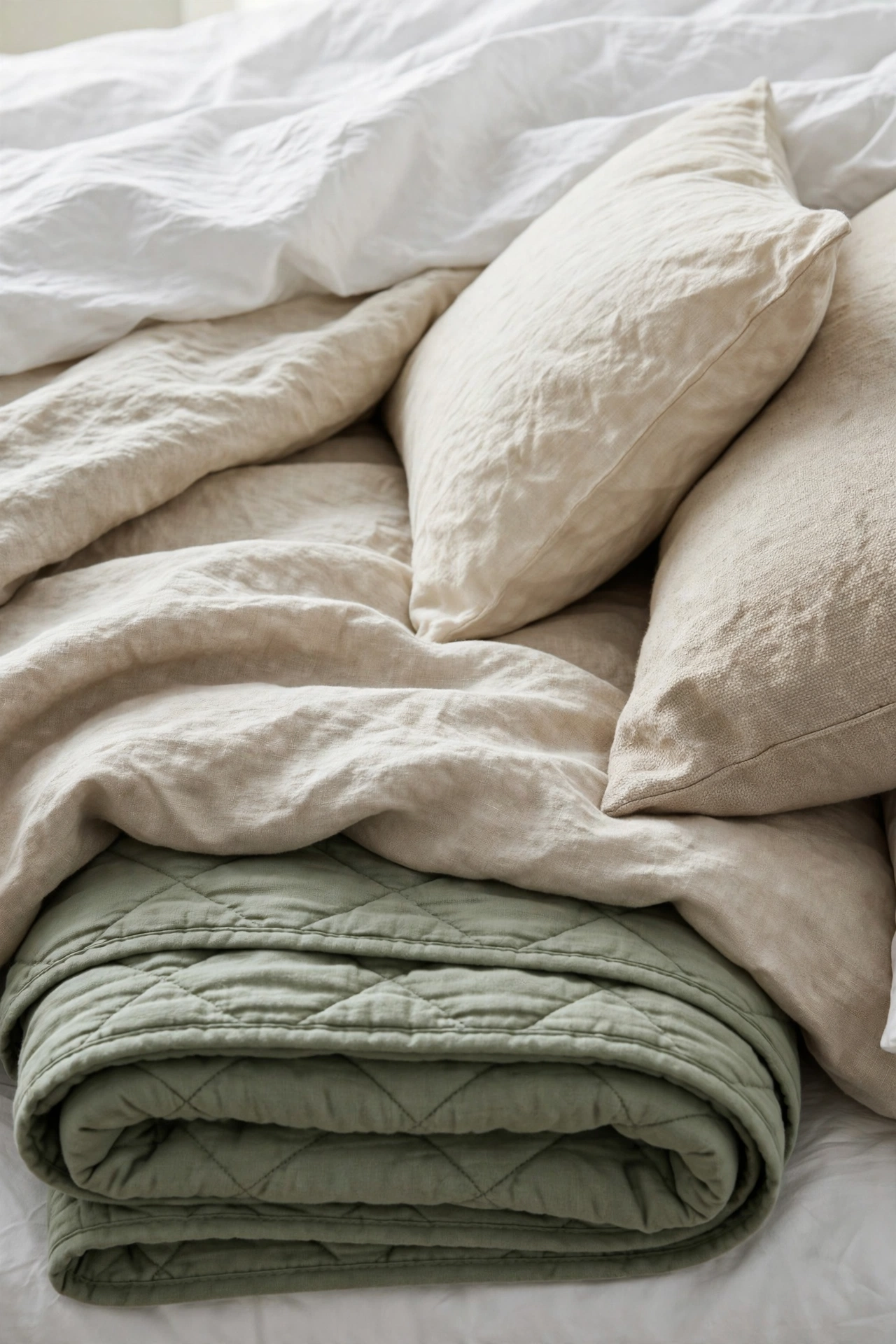 Layered neutral bedding with white sheets, linen duvet and sage quilt folded at the foot
