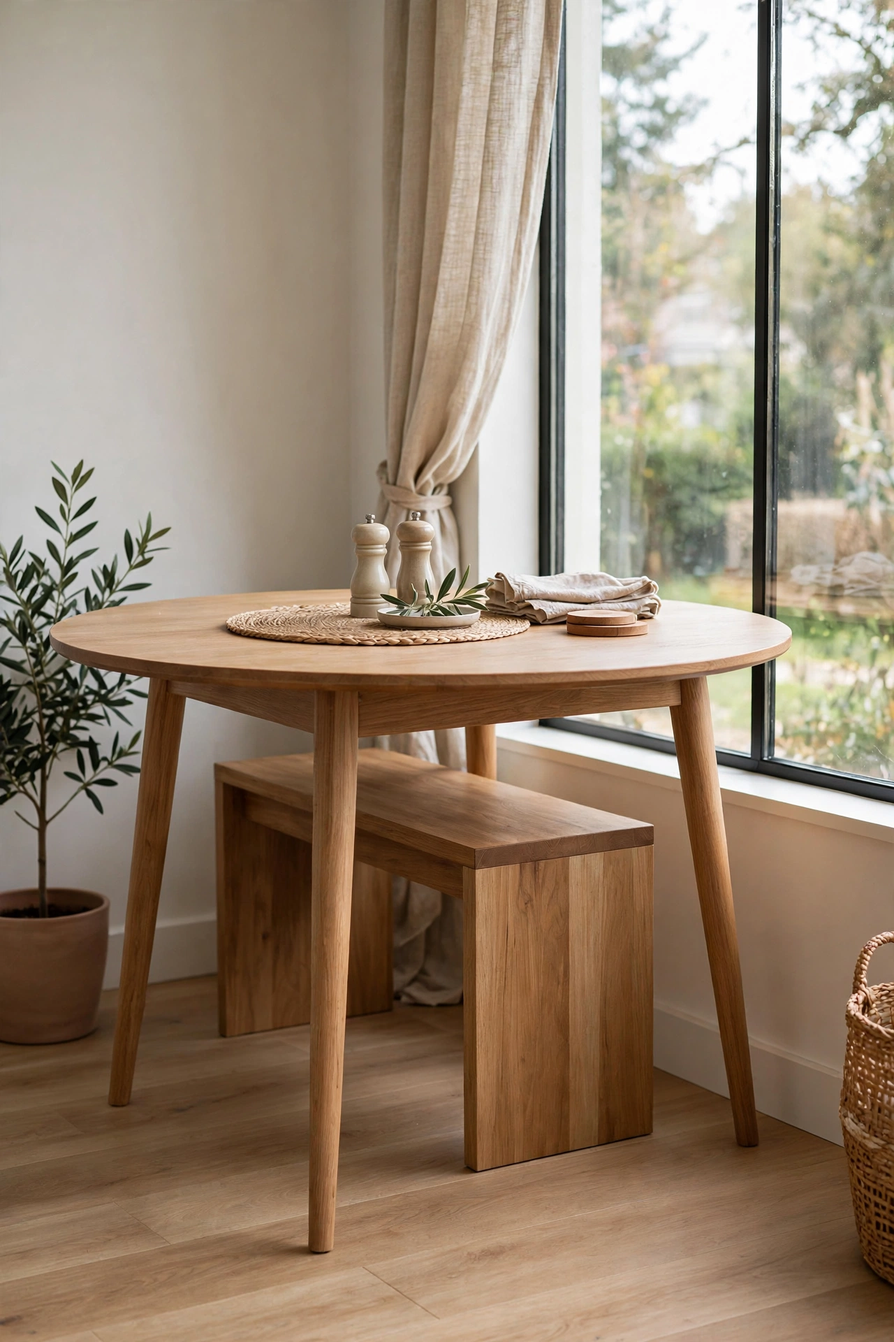 Backless wooden bench tucked under a round dining table, space-saving seating