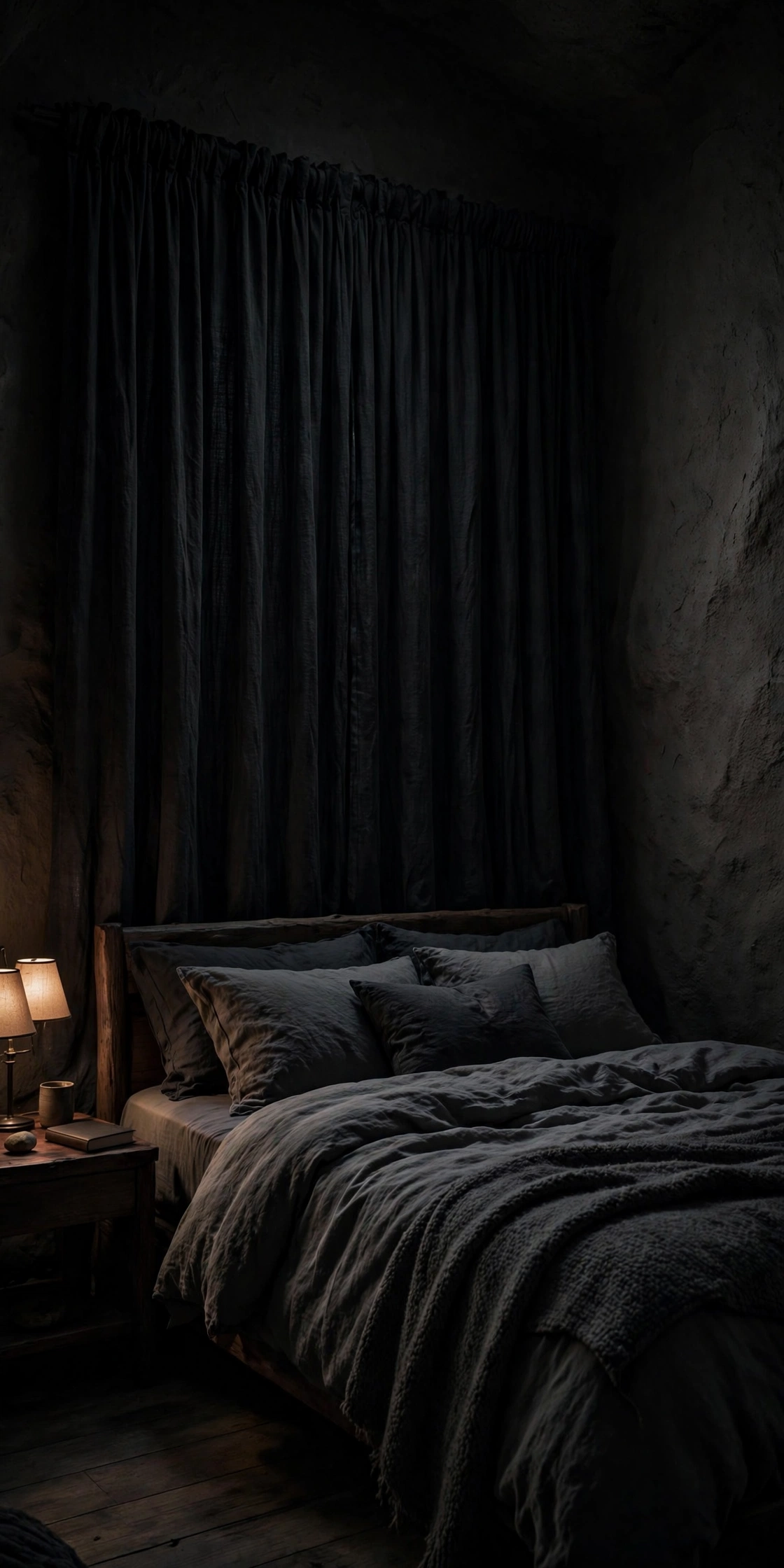 Bedroom with blackout curtains drawn, dark and cave-like for sleep