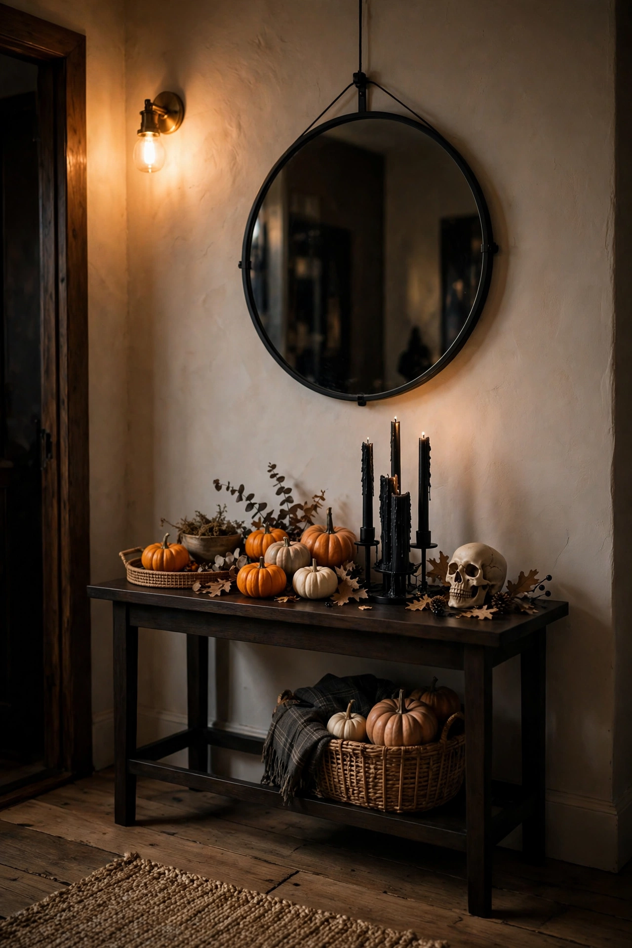 Entryway console table styled with pumpkins, candles, and a small Halloween sign under a mirror