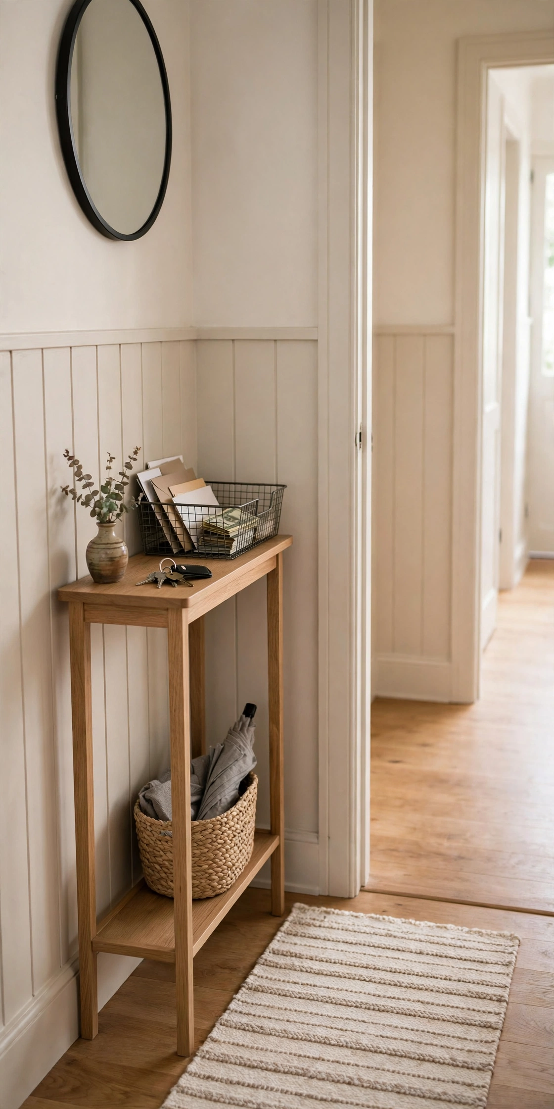 Slim narrow console table in a small entryway with keys and mail tray