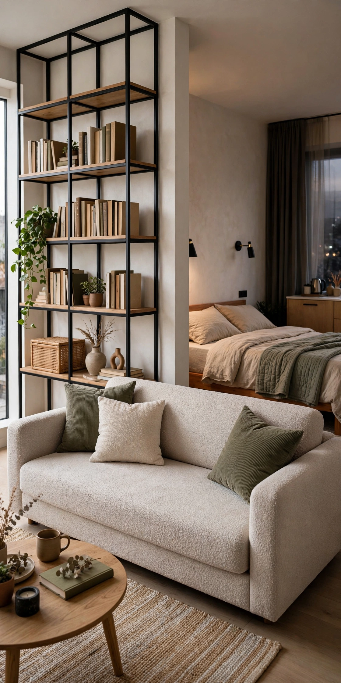 Sofa with its back to the bed dividing a studio into day and night zones