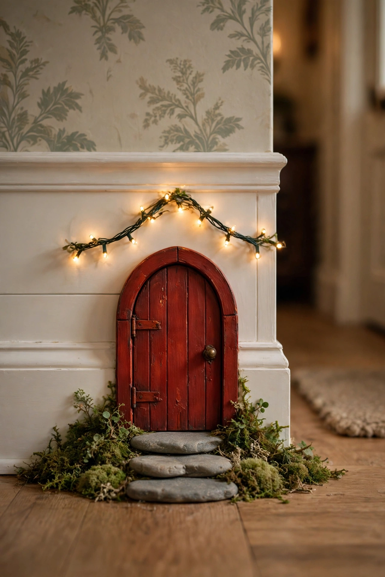 tiny arched fairy door attached to a white baseboard with pebble steps and moss