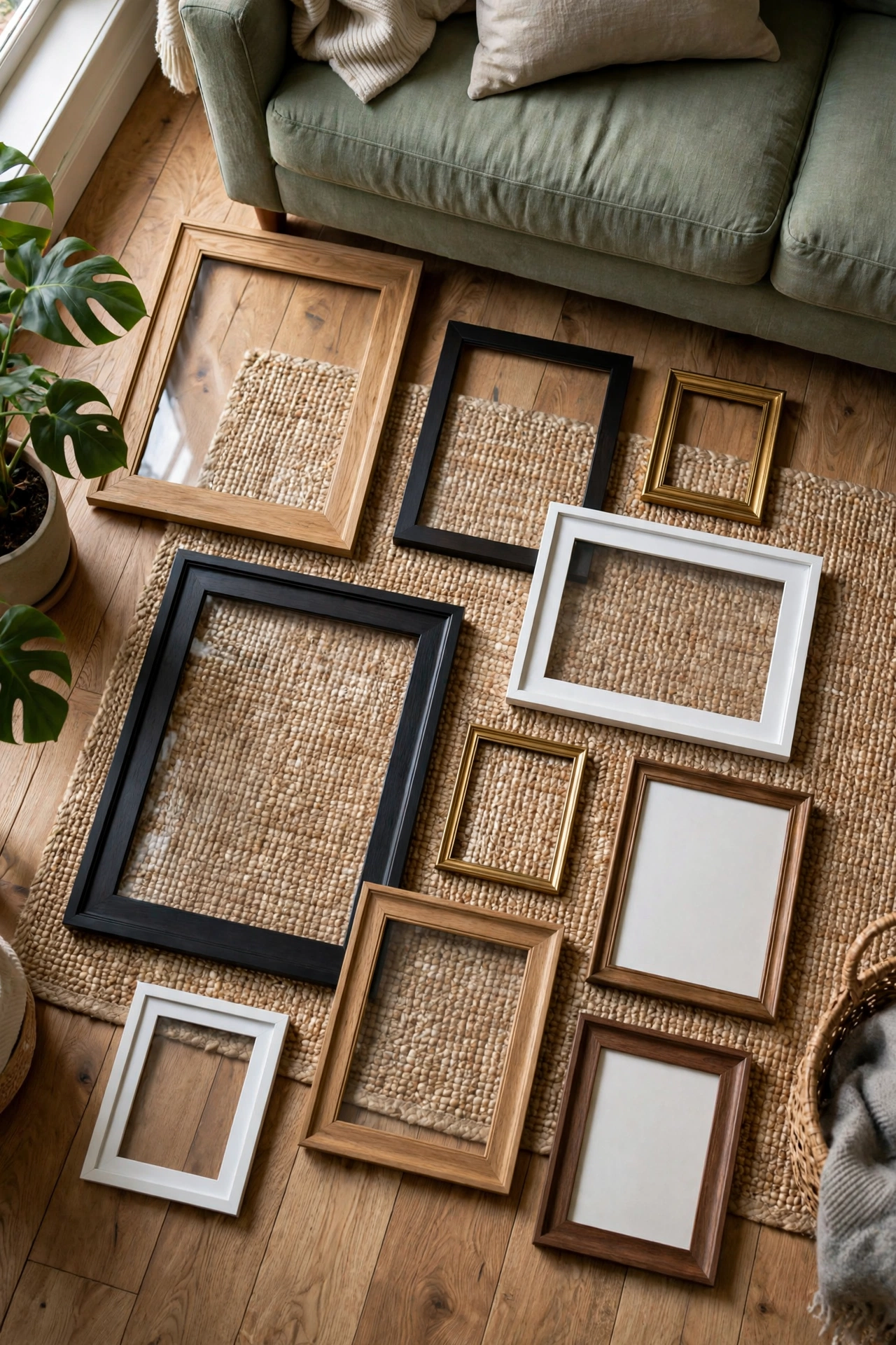 Picture frames of different sizes arranged on the floor while planning a gallery wall layout