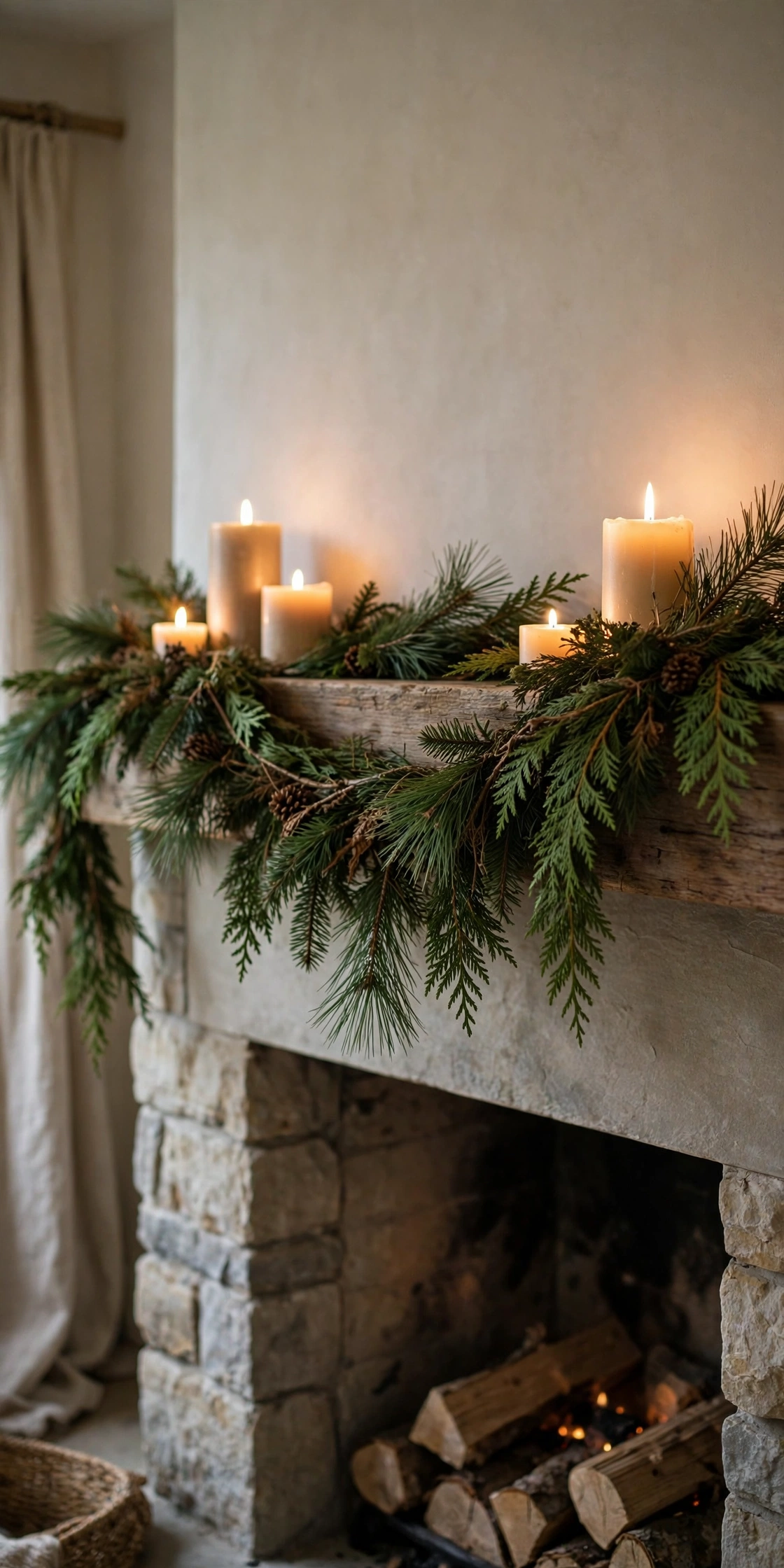 Evergreen garland draped simply along a mantel with warm candlelight