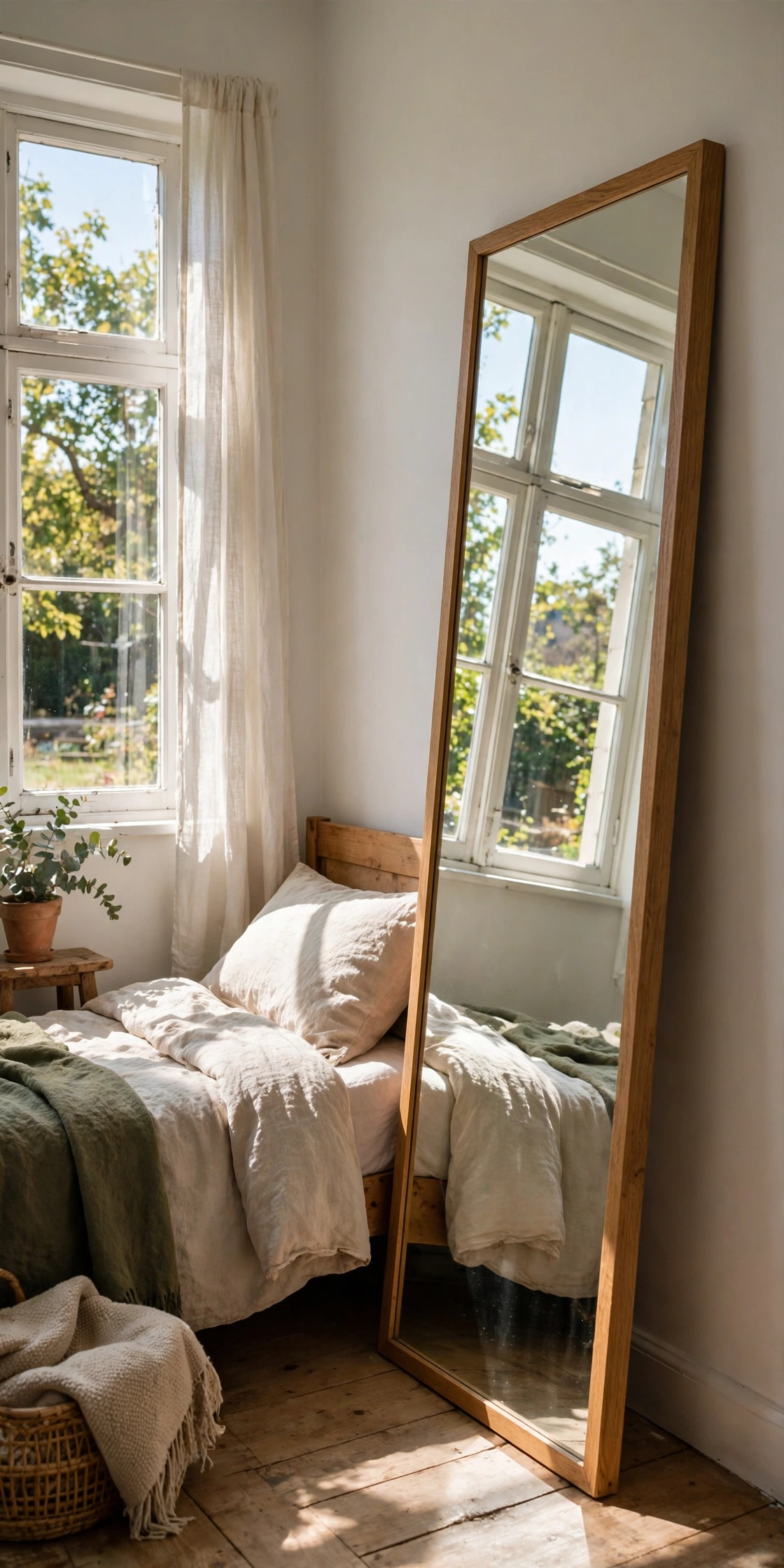 Full-length mirror leaning against a small bedroom wall, reflecting window light