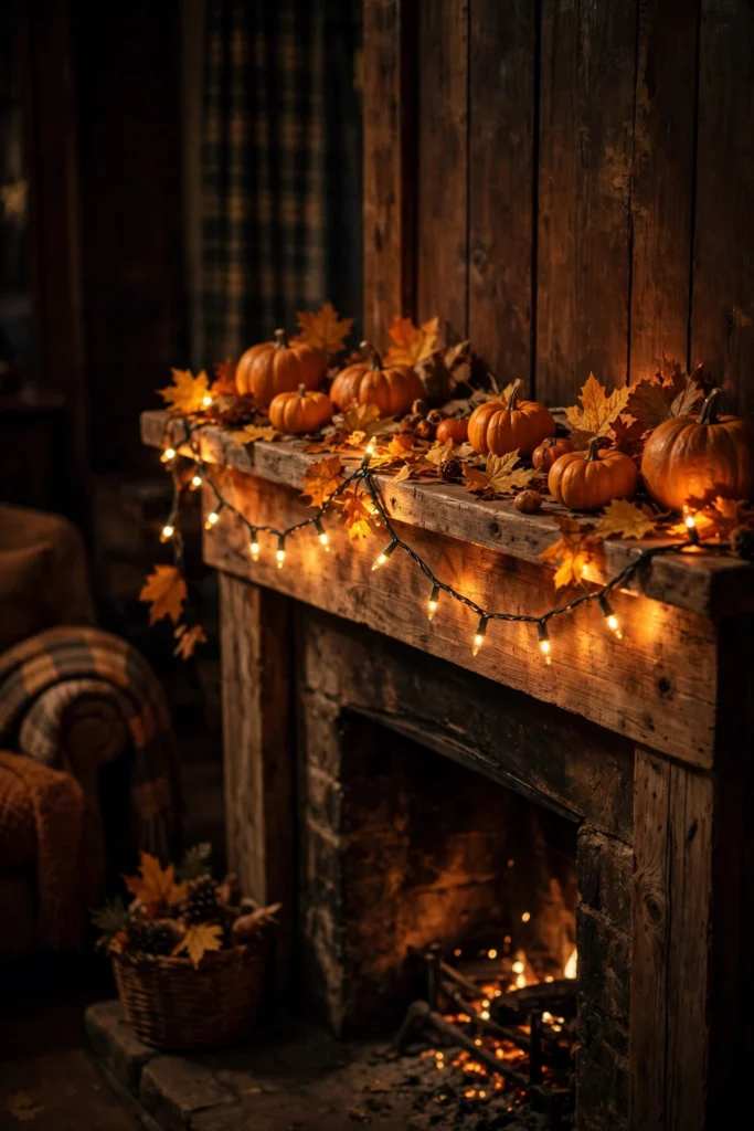 Warm orange string lights draped along a fireplace mantel with small pumpkins